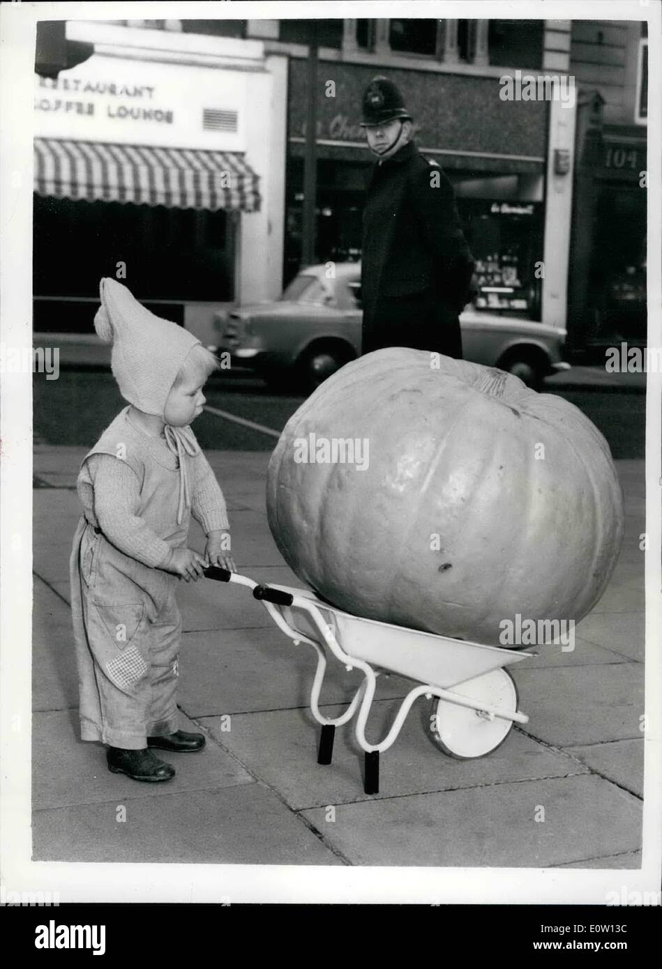 Nov. 11, 1960 - Monster Vegetables on Show 159 Lb. Pumpkin: Prizewinners in a competition sponsored by Garden News to find the Country's biggest vegetables, were on display today at Fisons Garden Centre, Wigmore-street. One of the giant exhibits on display was a pumpkin, weighing 159 lbs, with a circumference of 84 inches, which was grown in a garden measuring only 9 feet wide, by Mr. W.E. Everett , of Walsham Le Willows, Suffolk Stock Photo