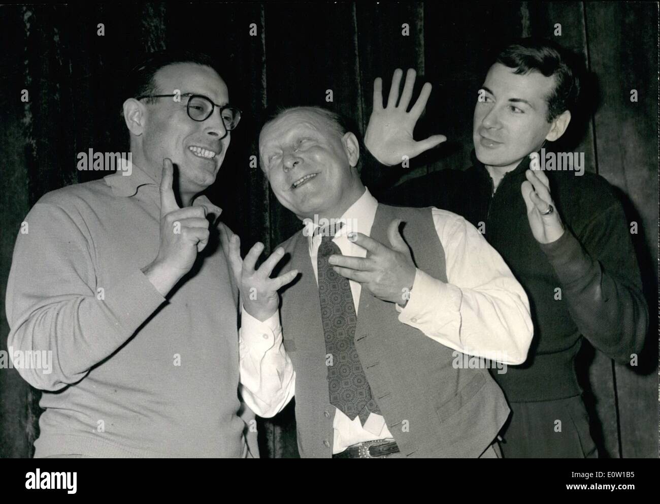 Nov. 11, 1960 - Charlie Rivel Back to Circus: Charlie Rivel, The Famous French Clown, Known as Grock's successor, is now back to the circus after an absence of over ten years. Photo Shows Charlie Rivel (center) pictured with two partners, Sandro Baldy (left) and Marcelly's at Medrano Circus this morning. Stock Photo
