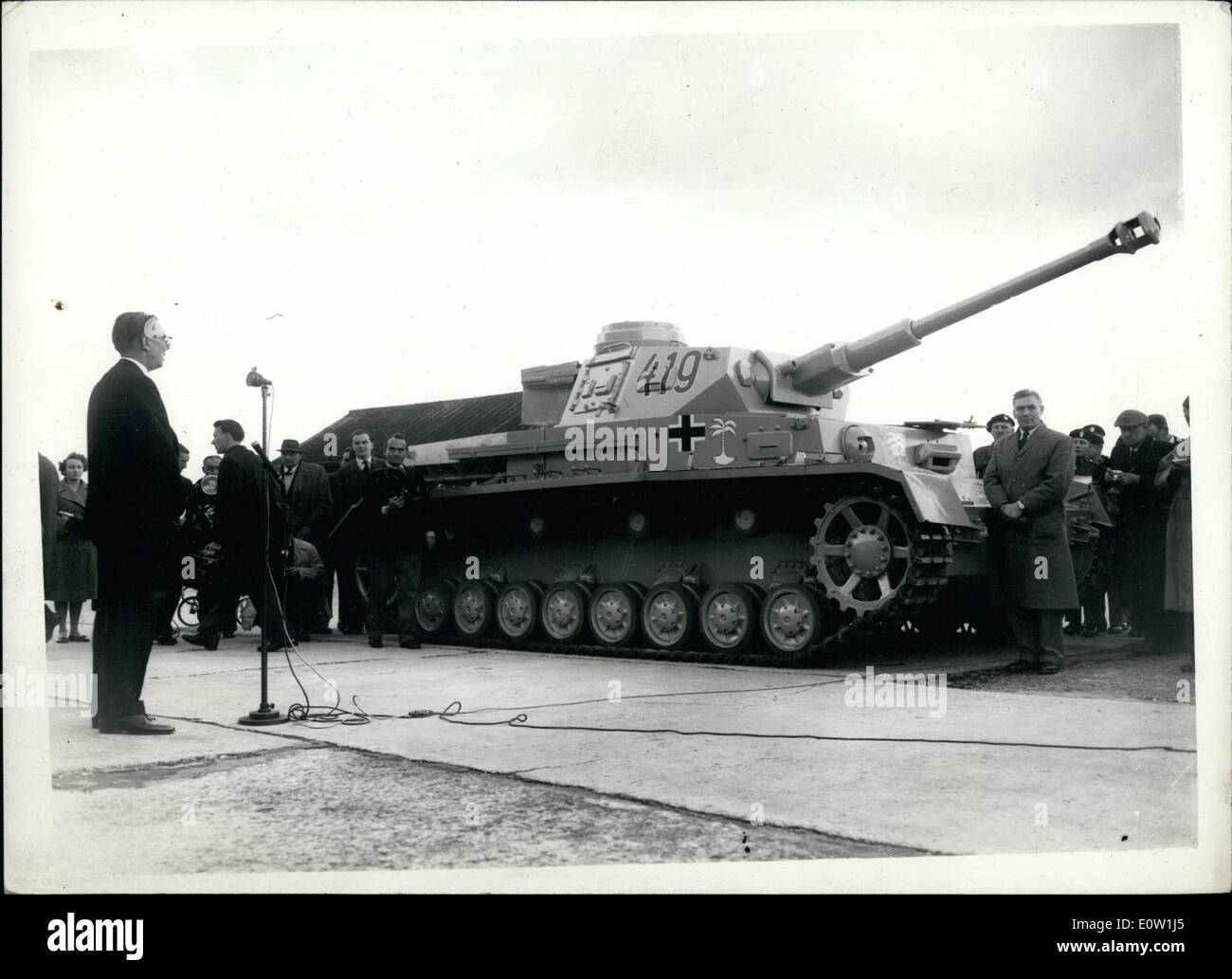 Nov. 11, 1960 - The Germans Get Their Panzer Tank Back: A German Panzer tank captured in the Western Desert from Rommel's Affrika was handed back to the Germans at a ceremony at Bovington camp in Dorset today. It was received by the German Ambassador in London, Herr Hans Von Herwarth, for the New German Army. The presentation was made by by the Chairman of the Trustees of the Tank Museum at Bovington, General Sir Richard McCreery.,a former Western Desert Commander. Photo Shows Herr Hans Von Herwarth, the German Ambassador, makes a speech after the handing-over ceremony at Bovington today. Stock Photo