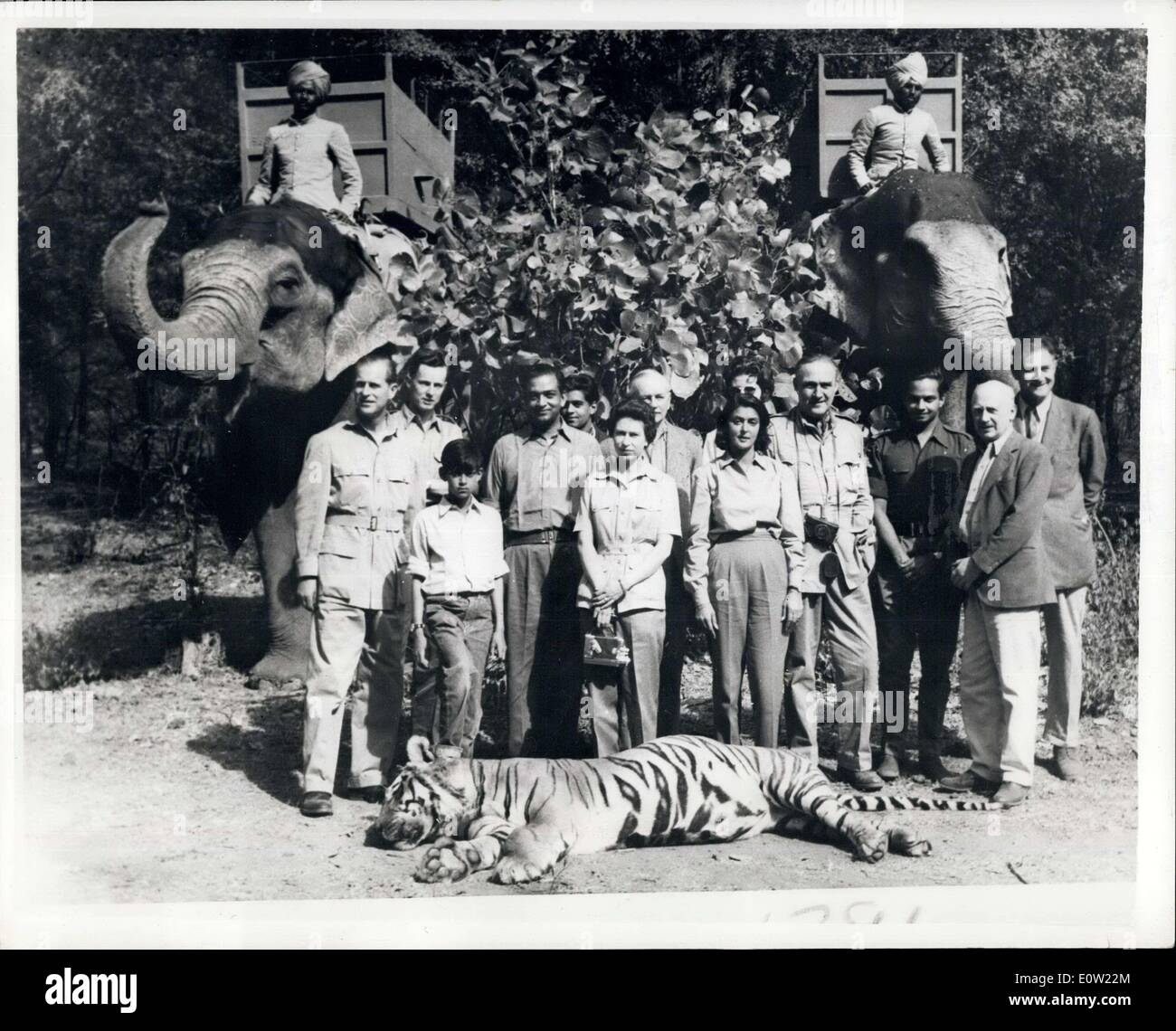 Jan. 25, 1961 - Royal Indian Tour Duke of Edinburgh Shoots a Tiger in the Rajasthan Jungle: Queen Elizabeth II in centre, wearing slacks and holding a cine camera stands behind the tiger which her husband Prince Philip (left) shot yesterday in the Rajasthan Jungle, near Jaipur, India. Either side of the Queen stands the Maharaja and Maharanee of Jaipur who hosted at the hunt. The Queen watched from a Persian carpeted tree-top platform a her husband, twenty five yards away felled the 9ft. 8in. male tiger with a single shot through the hand Stock Photo