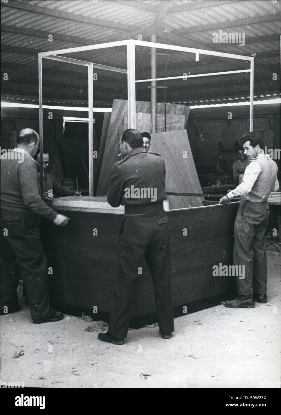 Feb. 02, 1961 - Preview of trial against Adolf Eichmann in Jerusalem: A Bullet proof cabin is being built in Jaffa/Israel in which former SS leader Adolf Eichmann, accused of having been responsible for the murder on millions of Jews, will sit during his trial in Jerusalem, together with two policemen. The glass for this cabin it is a few centimeters thick has especially for this reason been imported from Belgium. Stock Photo