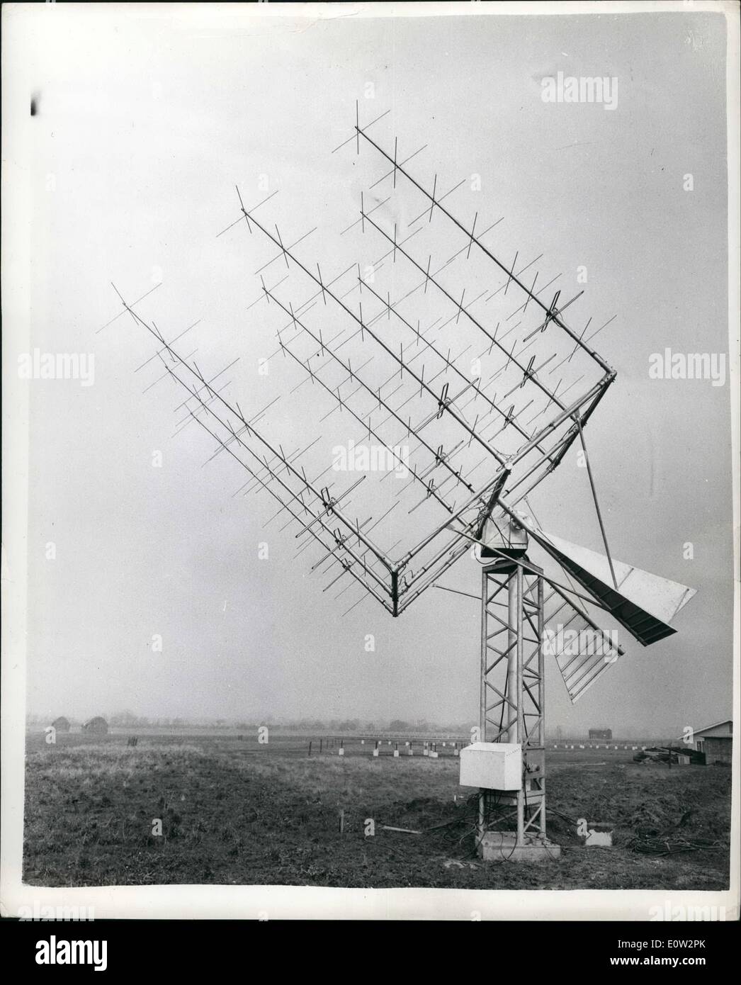 Jan. 01, 1961 - Minitrack station at Winkfield Berkshire.: A press view map was held today to the Minitrack Station at Winkfield, Berkshire. it is part of the large network of similar stations throughout the world for tracking satellites on frequency band of. It is operated by staff of the Department of Scientific and Industrial Research. Photo shows a steorable telemetry aerial, used for receiving the results of experiments in satellites. Stock Photo