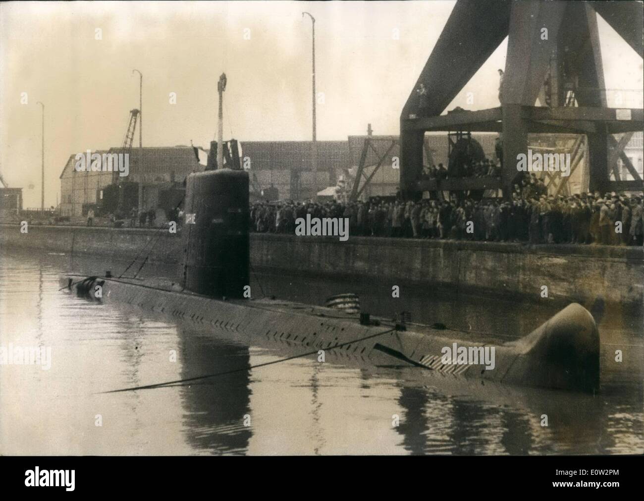 Jan. 01, 1961 - First of a Series of seven: New French Submarine puts out to sea. the ''Daphne'', the first of the series of seven french submarines of a high diving capacity made its first sea Journey yesterday. Picture shows: The ''Daphne'' Surfacing in the harbour of Saint- Nazaire yesterday. Stock Photo