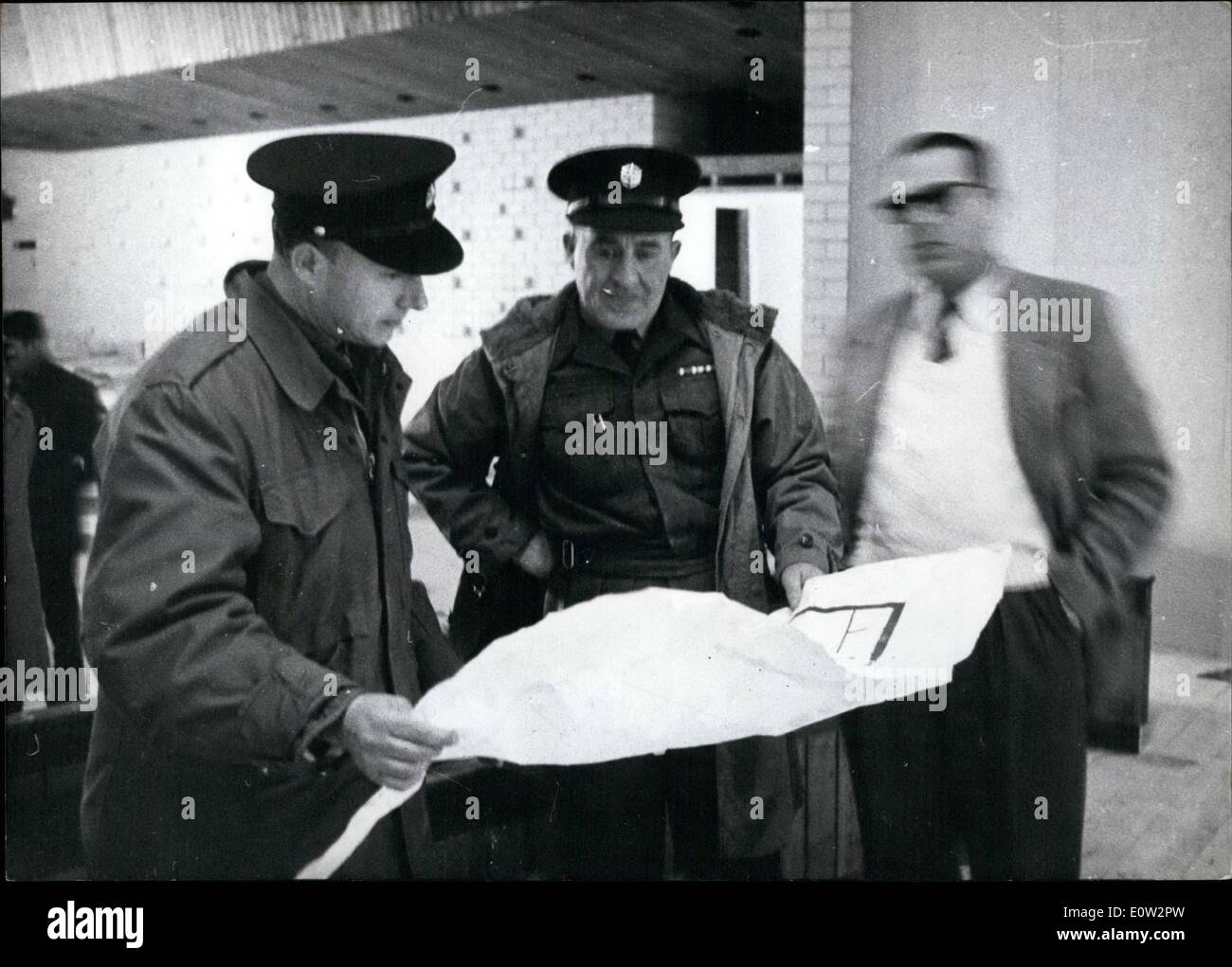 Feb. 02, 1961 - Preview of trial against Adolf Eichmann in Jerusalem: Chief of police Joseph Nahmias (Nahmias) inspecting the plans of the court room. Nahmias is seen on left. Stock Photo