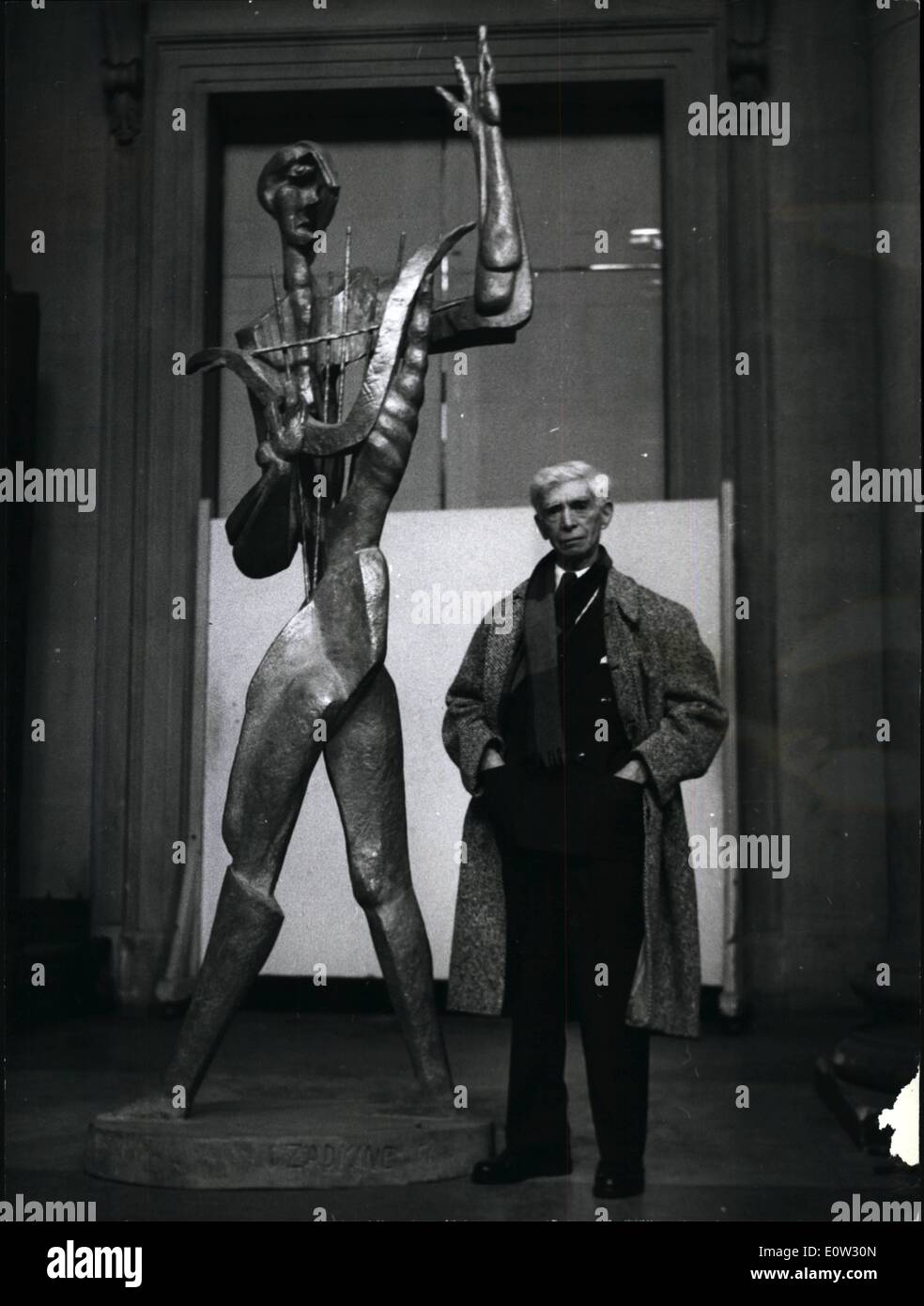 Jan. 01, 1961 - WORKS BY RUSSIAN BORN SCULPTOR - ON SHOW IN LONDON. Eighty-three exhibits by Russian born Ossip Zadkine - said to be one of the greatest modern sculptors of the day - are being shown at the Tate Gallery in London. This is the first major exhibition of his works here - but they have been seen in New York and Paris etc.. The exhibition shows his progress as a sculptor from 1954 to the present day. Keystone Photo Shows:- Ossip Zadkine the sculptor with ''Orpheus'' - a sculpture in bronze - at the Tate Gallery. This is an example of his later work - and is more than six feet tall. Stock Photo