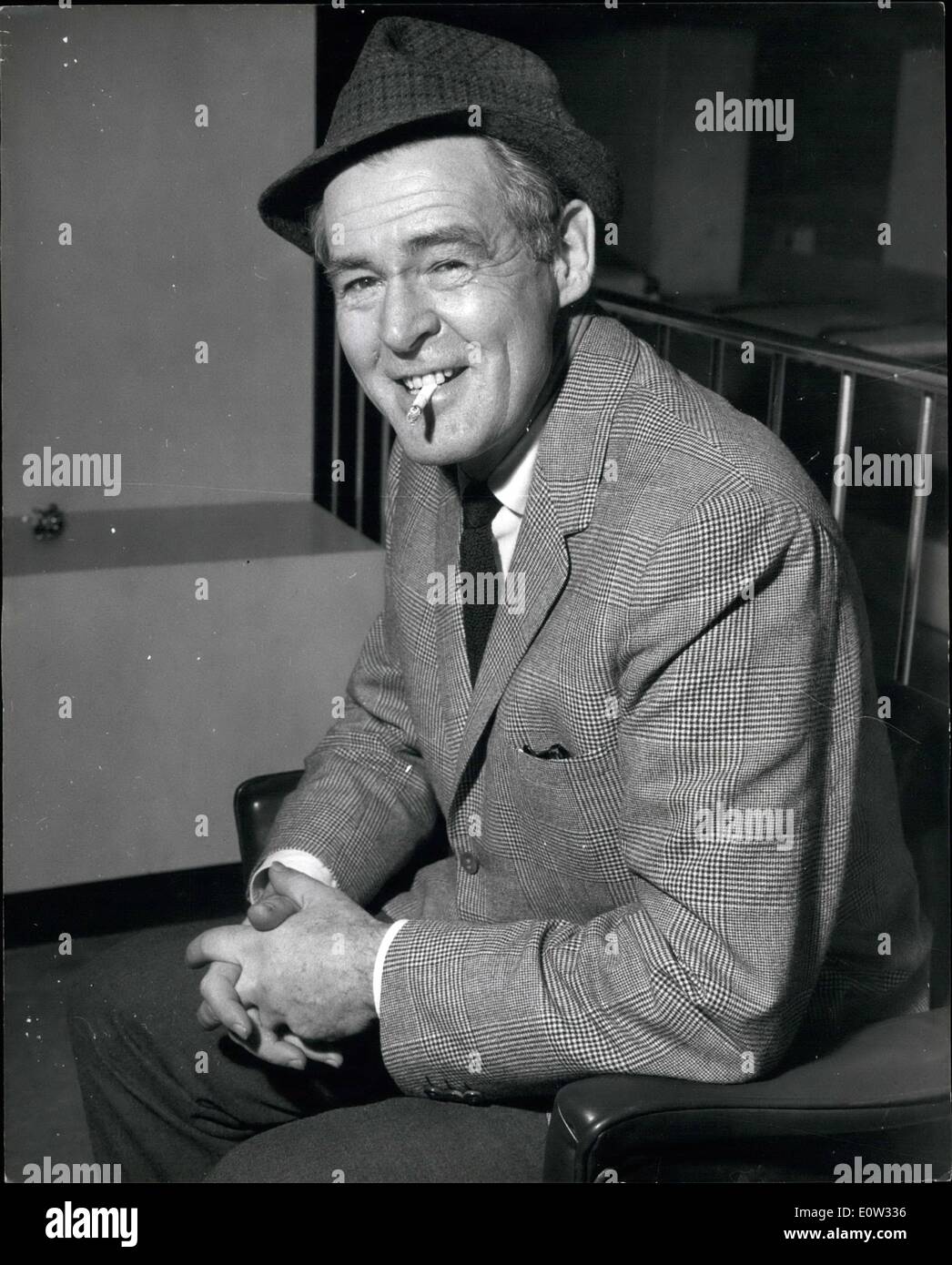 May 05, 1961 - Hollywood Screen Star Robert Ryan arrives in London. American screen star Robert Ryan arrived in London yesterday for a short stay before going on to Spain to make Billy Budd with Peter Ustinov. Robert Ryan is co-chairman of the Committee for a Sane Nuclear Policy, equivalent to the Campaign for Nuclear Disarmament. Keystone Photo Shows: Robert Ryan on his arrival in London yesterday. JSS/Keystone Stock Photo