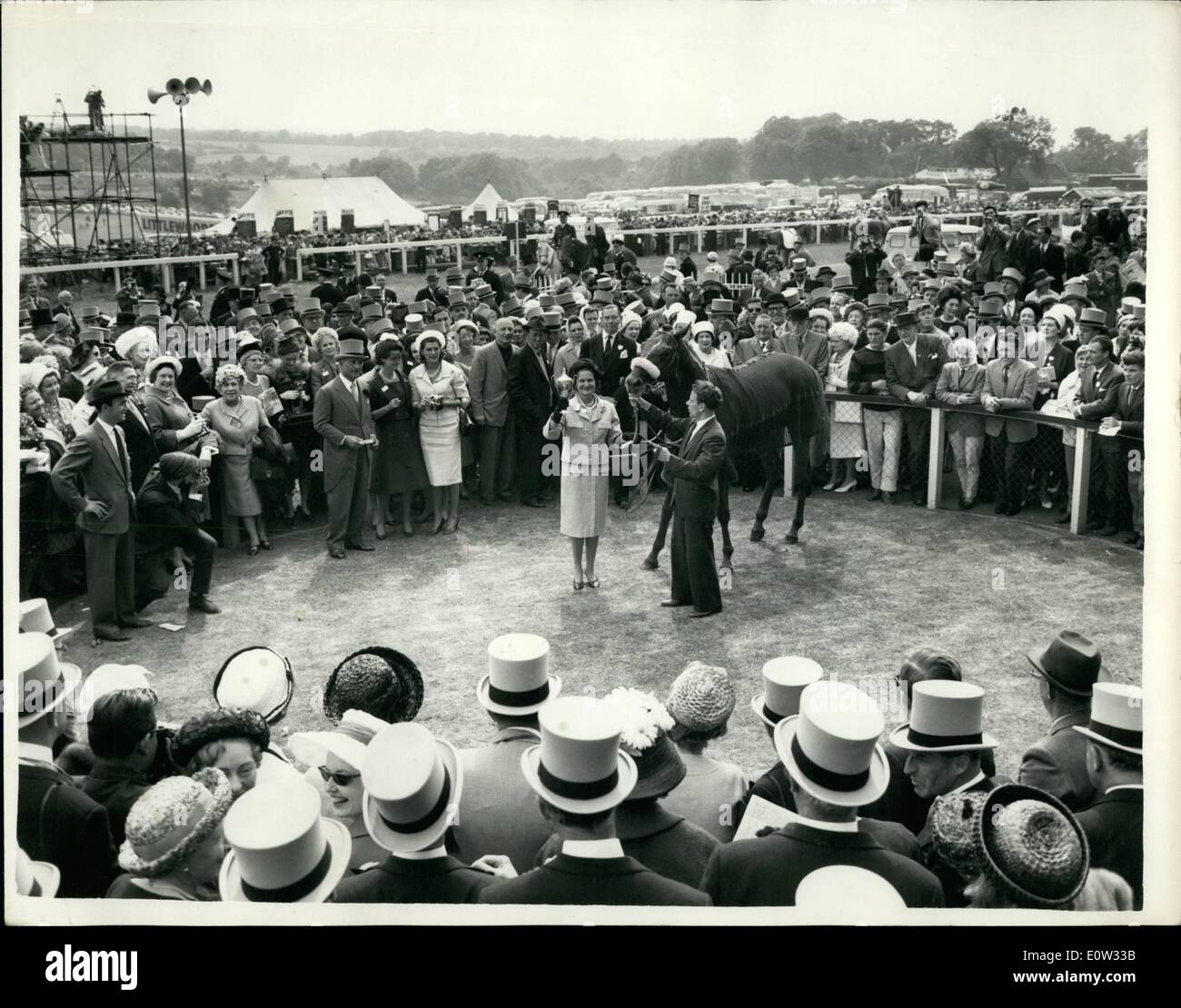 May 05, 1961 - Outsider wins the derby - at Epsom. The winner in unsaddling enclosure.: The Derby was won at Epsom this afternoon by Outsider - ''Psidium'' owned by Mrs. Arpad Plesch - and ridden by R. Poincelet - with ''Dicta Drake'' (M. Garcia) second and ''Pardao'' (W.H. Carr) in third place. Photo shows General view of the Unsaddling enclosure this afternoon - showing the winner 'Psidium'' (R. Poincelet) - as owner Mrs. Arpad Flesch proudly holds the Trophy. Stock Photo