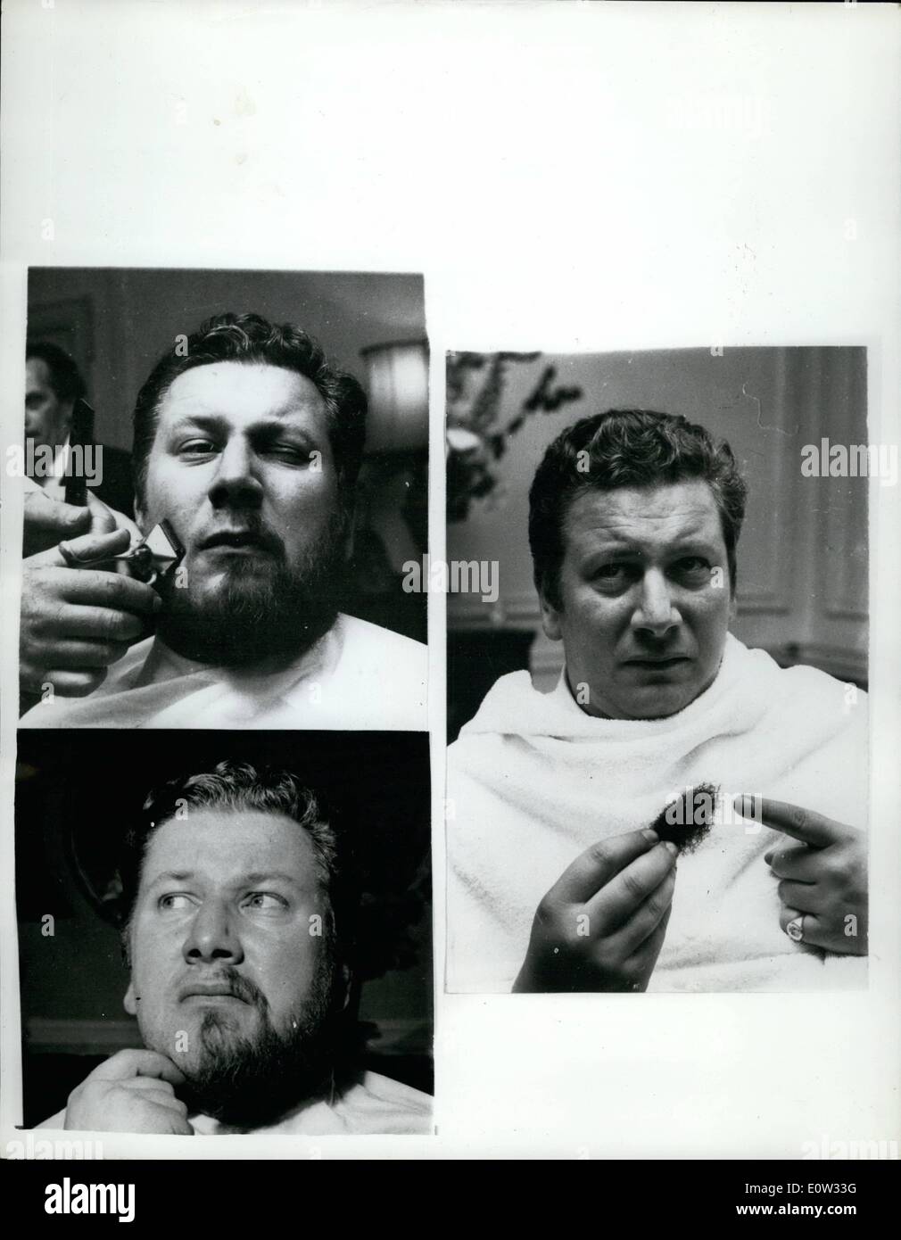 May 05, 1961 - PETER USTINOV HAS HIS BEARD REMOVED.. Famous actor PETER USTINOV who has been bearded for ten years paid a vieit to the barber yeeterday to have his beard removed.. This is for his role of CAPTAIN VERE in the new film ''Billy Budd''...for Captain Vere is .lean shaven., KEYSTONE PHOTO SHOWS: The Berber gets to work with his Clippers and bey presto,.. PETER USTINOV minus his hirsute adornment. Stock Photo