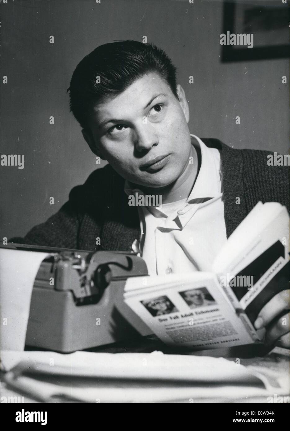 Mar. 03, 1961 - Youngest Journalist at the Eichmann trial: The youngest of the 500 journalists who are permitted to attend the Eichmann trial (starting on April 11th in Jerusalem) is 21 year old Gerhard Wolfrum of the little village Schauenstein near Hof West Germany. He had written to the Israelian Prime Minister Ben Gurion that he wanted to be present at the trial, looking at it with the eyes of the young generation who did not even go to school when Eichmann ''worked' Stock Photo