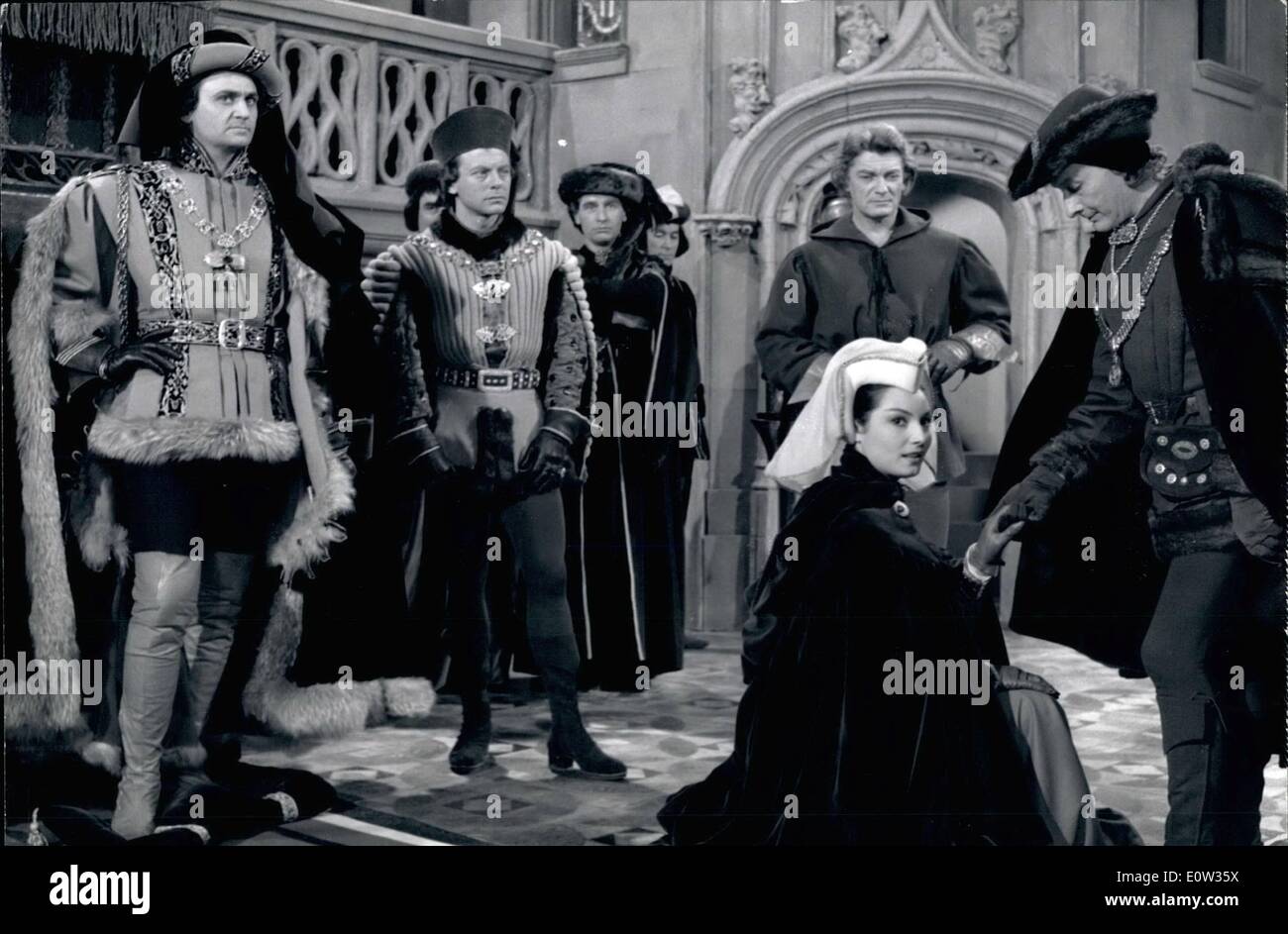 Mar. 03, 1961 - FILMING OF ''WOLVES MIRACLE'' RESUMED IN PARIS STUDIO MINUS THEIR PACK OF WOLVES THE FILMING OF ''MIRACLE DES LOUPS'' (WOLVES MIRACLE) WAS RESUMED IN A PARIS STUDIO TO-DAY. THE FILM REVIVES A ROMANTICE EPISODE OF THE STRUGGLE BETWEEN LOUIS XI AND CHARLES THE BOLD. JEAN--LOUIS BARRAULT WHO MAKES A SCREEN COMEBACK IMPERSONATES KING LOUIS XI. PARIS NEWSPAPERS REPORTED RECENTLY THE INCIDENT CREATED IN TGE DOUBS DEPARTMENT (WHERE OUTSIDE SCENES WERE FILMED) BY THE PRESENCE OF A PACK OF LIVE WOLVES BORROWED FROM A ZOO BY THE FILM DIRECTOR ANDRE HUNEBELLE Stock Photo