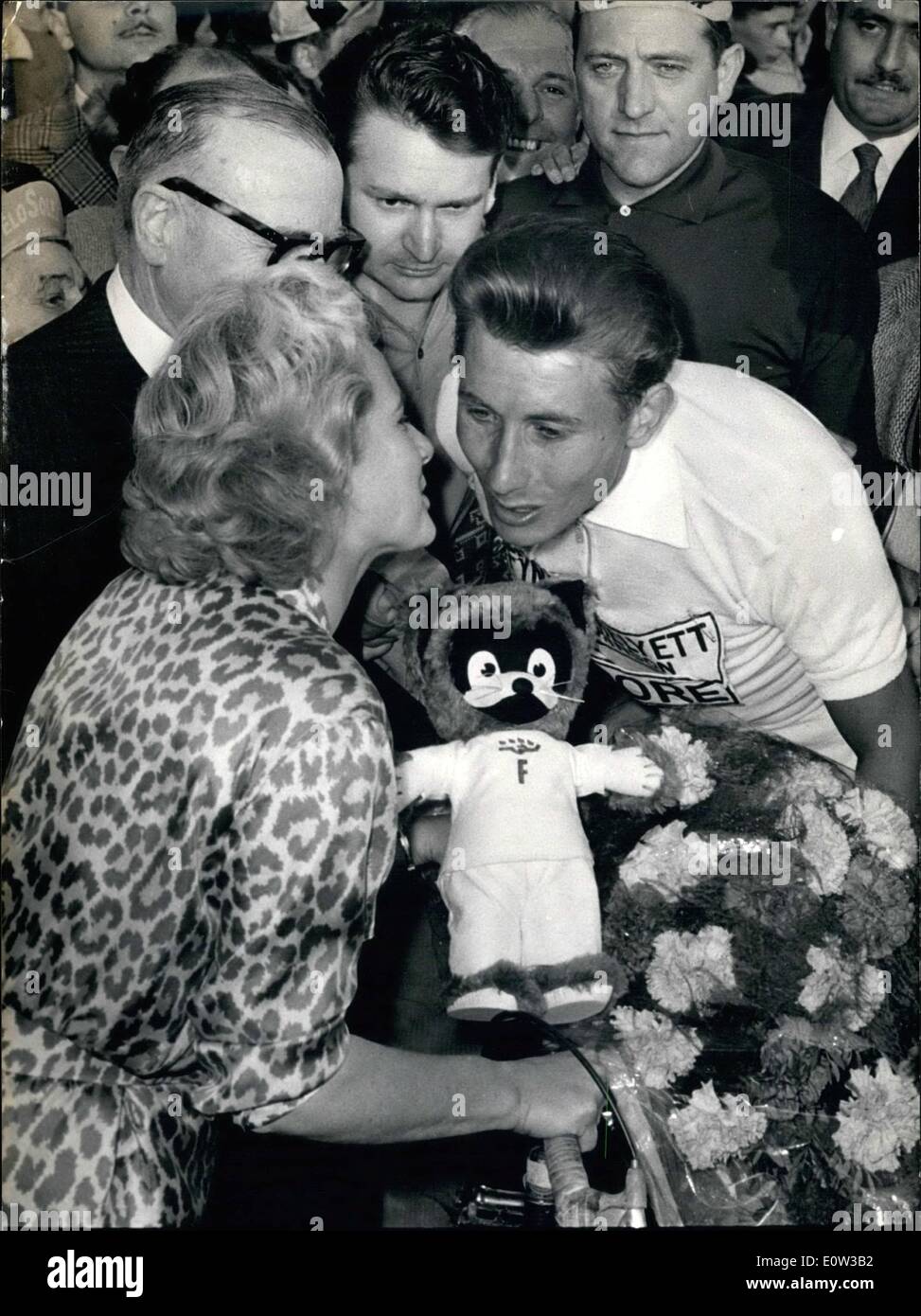 Mar. 03, 1961 - Anquetil wins Paris nice cycling race. Photo shows Jacques Anquetil being kissed by his wife on arrival in Nice Stock Photo