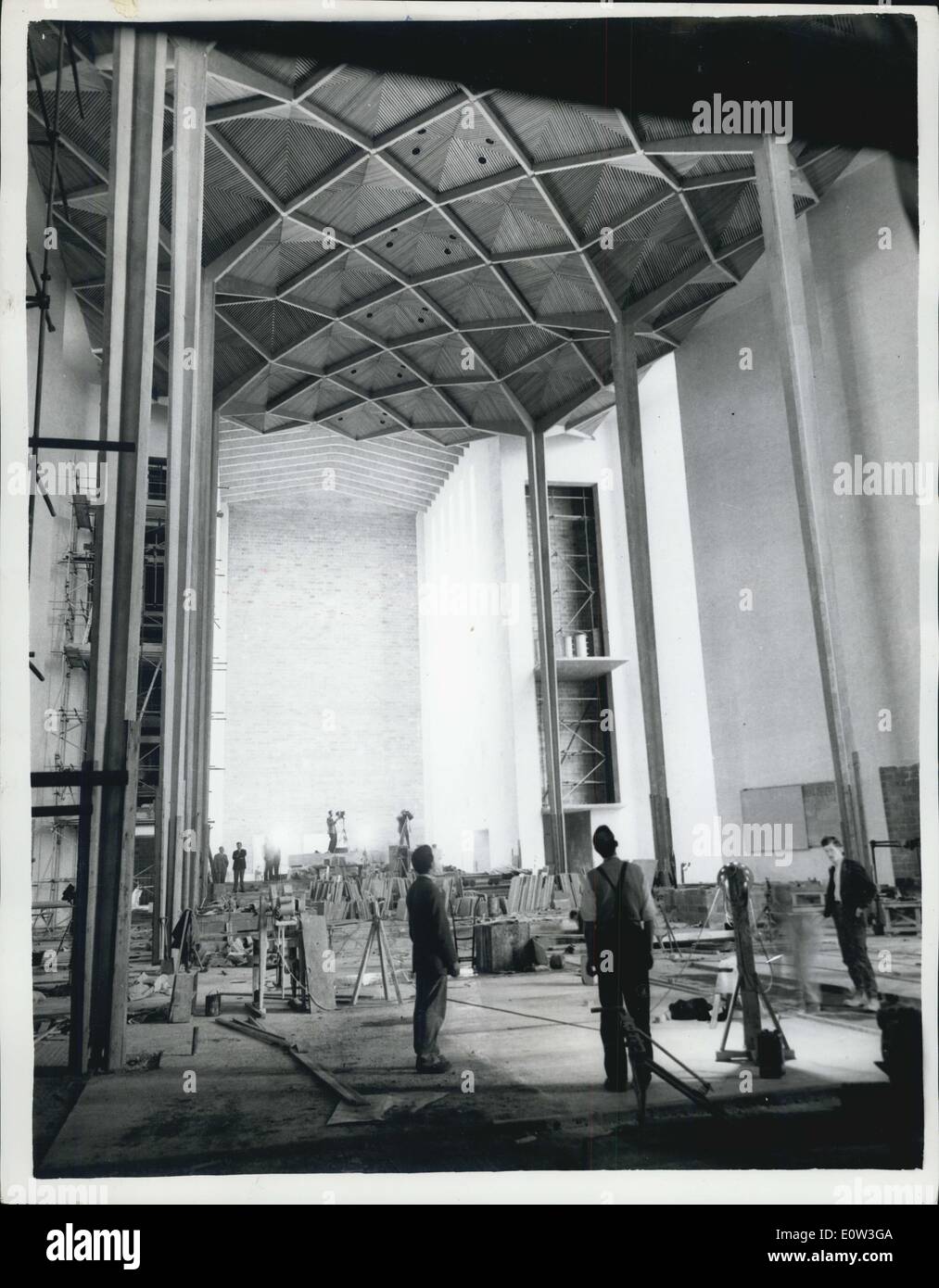 May 24, 1961 - Press View of New Coventry Cathedral Progress.. View From NAVE - Looking Towards High Altar. Members of the press visited Coventry Cathedral in connection with the conference being held on Wednesday 24th. May - a year before the buildings Consecration.. Scaffolding is being removed inside the building to reveal some of the architectural splendour.. Keystone Photo Shows:- View from the NAVE looking towards the High Altar and Lady Chapel - of the new Coventry Cathedral. Stock Photo