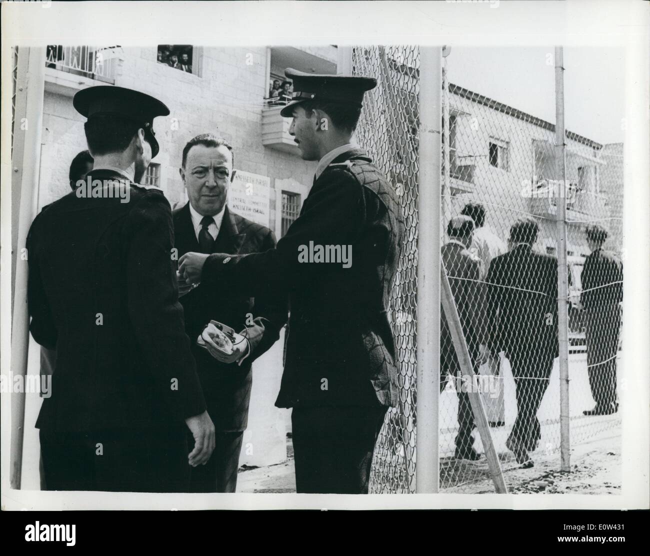 Apr. 04, 1961 - Lord Russel of Liverpool Present his pass at the entrance to the trial buildings in Jerusalem. Stock Photo