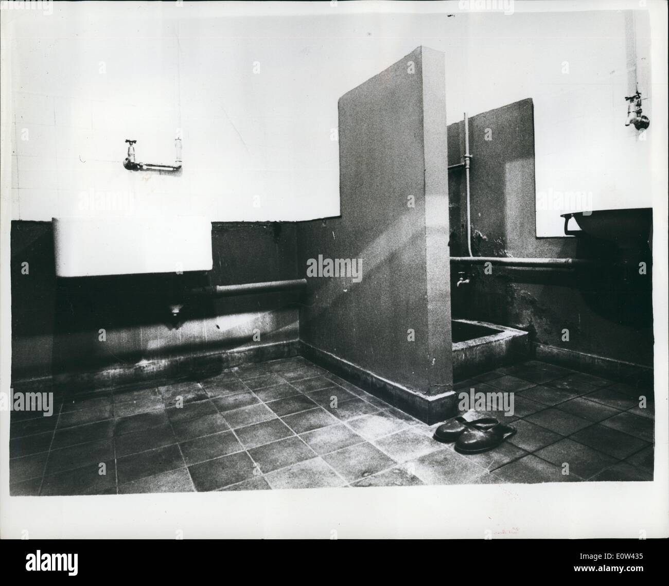 Apr. 04, 1961 - Preparing for the trial Adolf Eichmann. He is accused of Mass Murder of Jews - In Germany.: The trial opens in Jerusalem tomorrow of the massmurder of millions of Jews - in Nazi wartime concentration camps. Photo shows A corner of Eichmann's strongly guarded prison cell - with private ''bathroom'' facilities - in his secret detention centre. Trial opens in Jerusalem tomorrow. Stock Photo