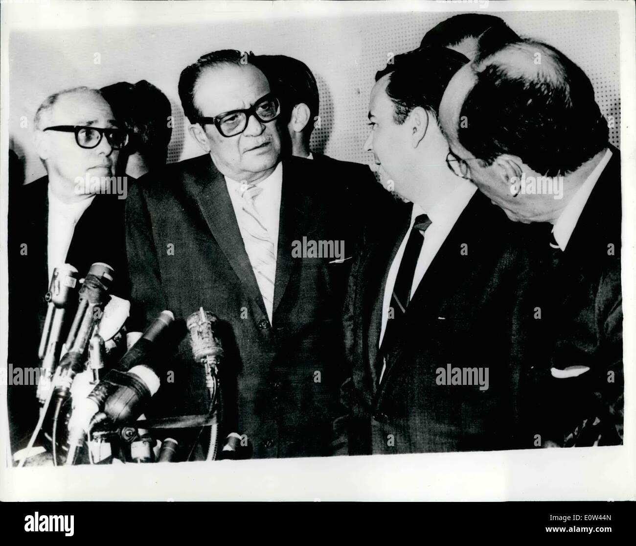 Apr. 04, 1961 - Formation of ''provisional Cuba government'' anti-castroites meet in new york: according to reports from the American broadcasting company - Dr. Jose main cardona is to proclaim a provisional Cuban government Dr. Miro cordons is one of six anti-Castro leaders who met pres, Kennedy pres. Kennedy made it clear that if other nations fail to recognize the peril of communist penetration in Cuba- America will go-it-alone against the Fidel Castro regime Photo shows members of the anti-Castro movement- seen during a meeting in new york recently. They are L-r Stock Photo