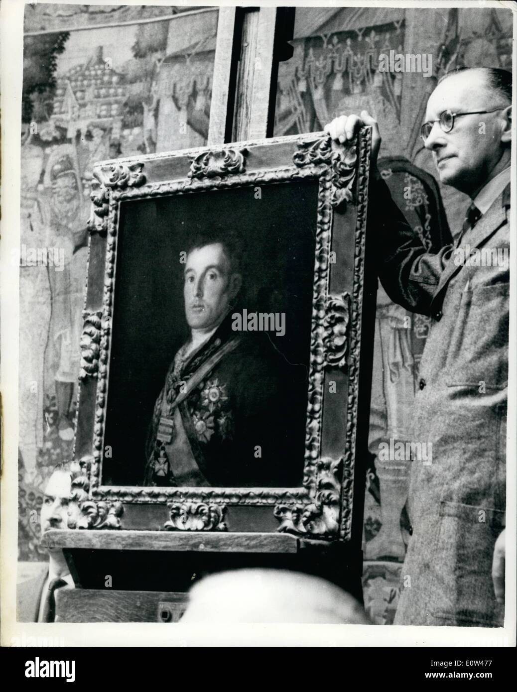 Jun. 06, 1961 - Sale of Old Master Paintings at Sothesby's. Goya Painting Fetches 40,000. Important Old Master paintings were on sale today at Sothesby's and included pictures sent for sale by the Duke of Leeds, Miss Elizabeth Taylor, Miss Sonja Henie, Sir Robert Adeane and Lady Elliot of Harwood. The famous painting by Goya of the 1st. Duke of Wellington, put up for sale by the Duke of Leeds was sold for 40,000. Keystone Photo Shows: The Goya painting of the the 1st. Duke of Wellington, which was sold for 40,000, pictured during today's sale at Sothesby's. Stock Photo