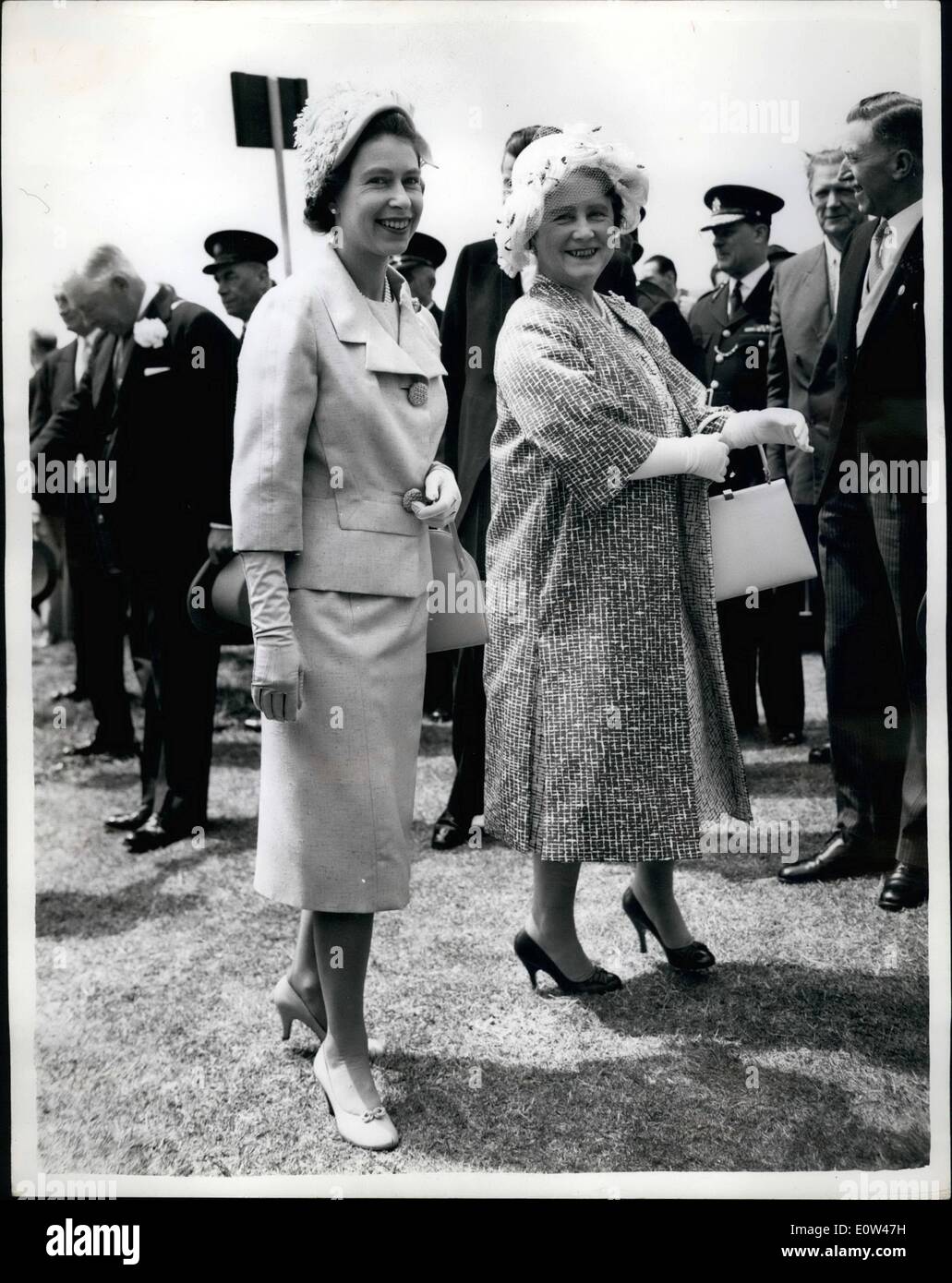 Jun. 06, 1961 - Queen and Queen Mother go to Epsom for the oaks.: The Queen and the Queen Mother were among the visitors to Epsom this afternoon for the Oaks. ''Highlight'' owned by H.M. is among the runners. Photo shows happy study of the Queen and her Mother - on arrival at Epsom this afternoon. Stock Photo