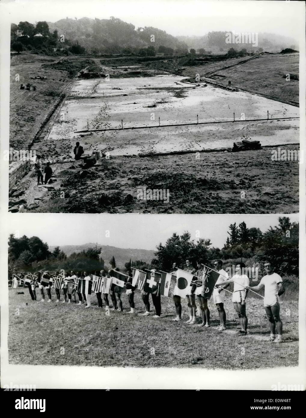 Jun. 06, 1961 - Anciant Stadium Handed back to Olympic committees at Olympia - Gre.. During a ceremony held in the Ancient Olympia the German Archaeological School in Athens - turned over to the Greek Olympic Games Committee the ancient Greek Stadium of Olympic Games which was restored by them. Unfortunately the ceremony was marred by terrorists rains - and had to be - carried out under cover, Members of Olympic Games Committee from many countries attended the ceremonies - and a few demonstrations were held in the open air - but not in the newly restored stadium as it was covered with mud Stock Photo
