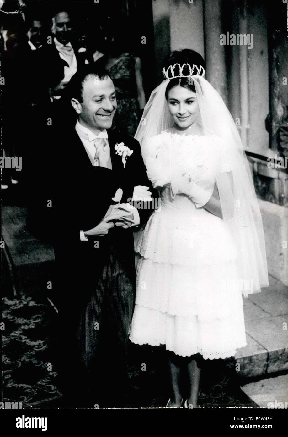 Jun. 06, 1961 - Famous Comedian Weds: The happy bridegroom is the famous French comedian Fernand Raynaud. The bride is the young actress Valerie Lagrange. Although it looks 'real' it is only a screen wedding and the scene is a sequence of the film ''Auguste'' staring the couple. Stock Photo