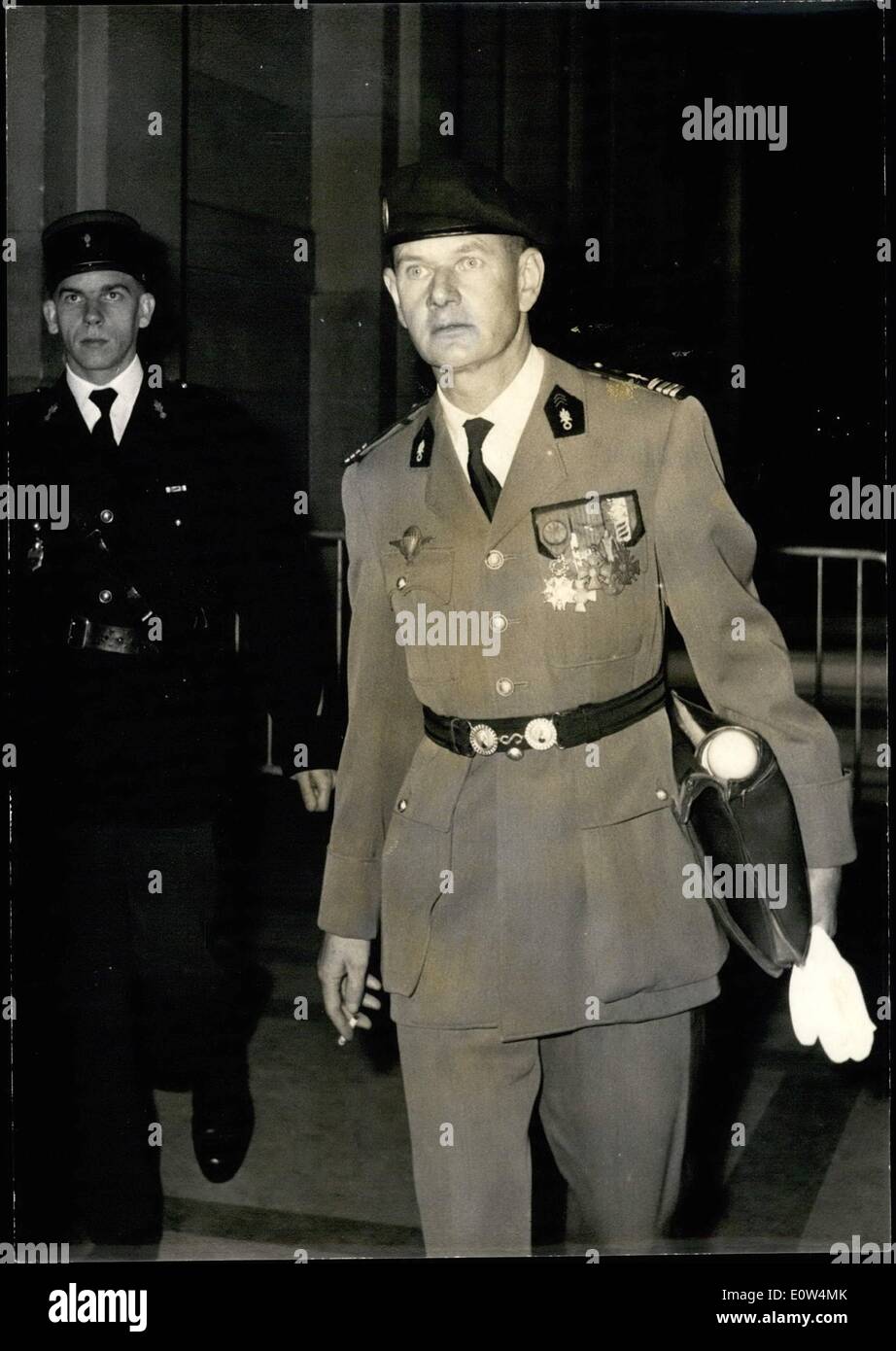 Jun. 06, 1961 - Major involved in Algerian Insurrection appears before Military Tribunal: Commandant de Saint- Marc who Commanded the first Regiment of foreign paratroops during the Insurrection in Algeria appeared for trial before the Military tribunal today. This trial comes as a sequence of the trial od Generals Challe and Zeller. Photo shows Commandant de Saint - Marc (who was not stripped of his rank) arriving at the Law Courts today. Stock Photo