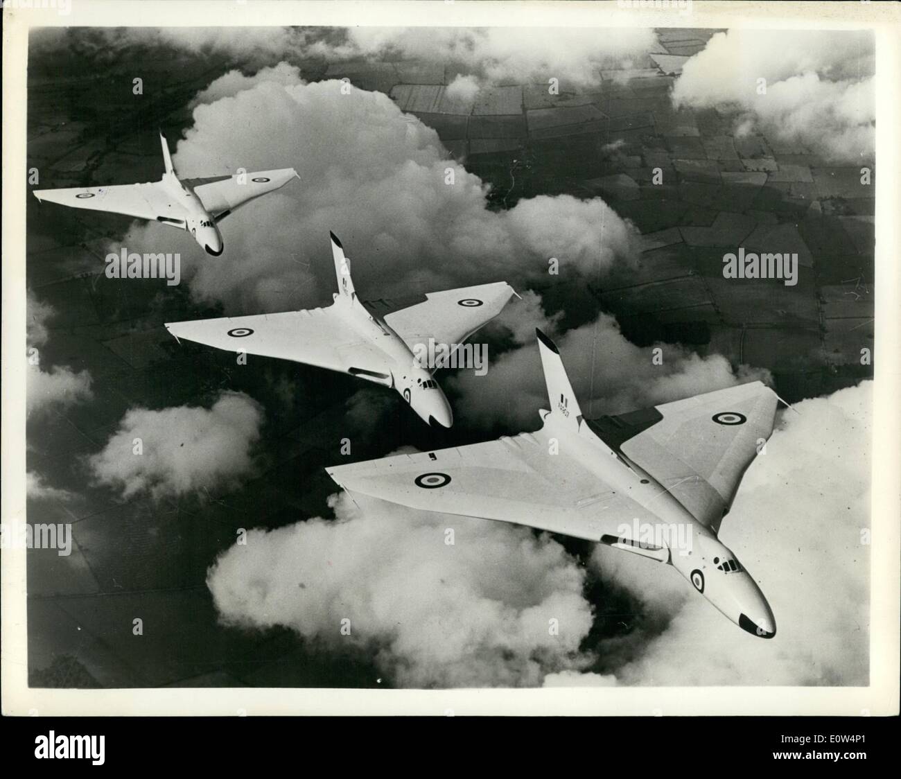 Jun. 06, 1961 - British High-Performance Jet ''Deterrents'' To Fly in U.S.: Flying above Lincolnshire, England, is a trio of Avro Vulcans, four-engined turbo-jet delta-wing bombers of the Royal Air Force's war deterrent of high-performance jets and thermo-nuclear weapons. Two Mark I Vulcans are to represent Britain at the 50th anniversary of naval aviation at the Pensacola Naval Air Station, Florida. Arriving on June 8, they will be from the R.A.F.'s No.617 Squadron, ''The Dambusters'' because of their precision bombing of German dams in World War II Stock Photo