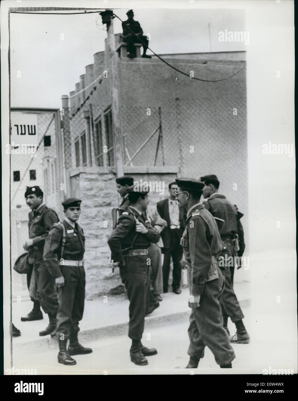 May 05, 1961 - The Eichmann trial continues in Jerusalem. The Guard outside court building is changed: The trial of Adolf Eichmann former Nazi leader accused of the mass murder of millions of Jews in wartime concentration camps - continues in Jerusalem. Photo Shows A full guard is kept on duty at all times during the trial of Eichmann in Jerusalem. Here is the scene during the changing of the guard. Stock Photo