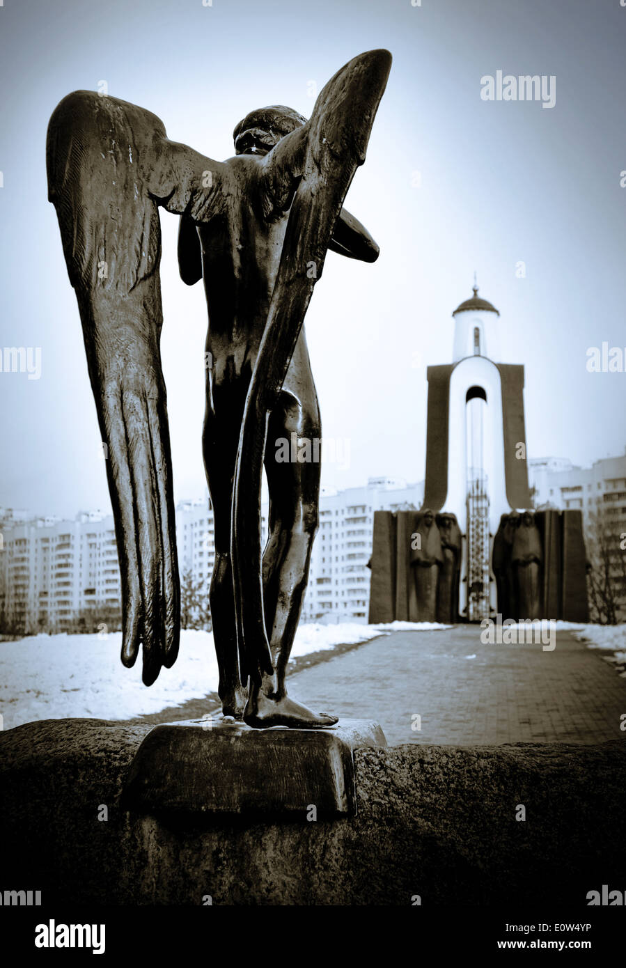 Chapel and a statue of an mourner angel in Minsk, Belarus Stock Photo