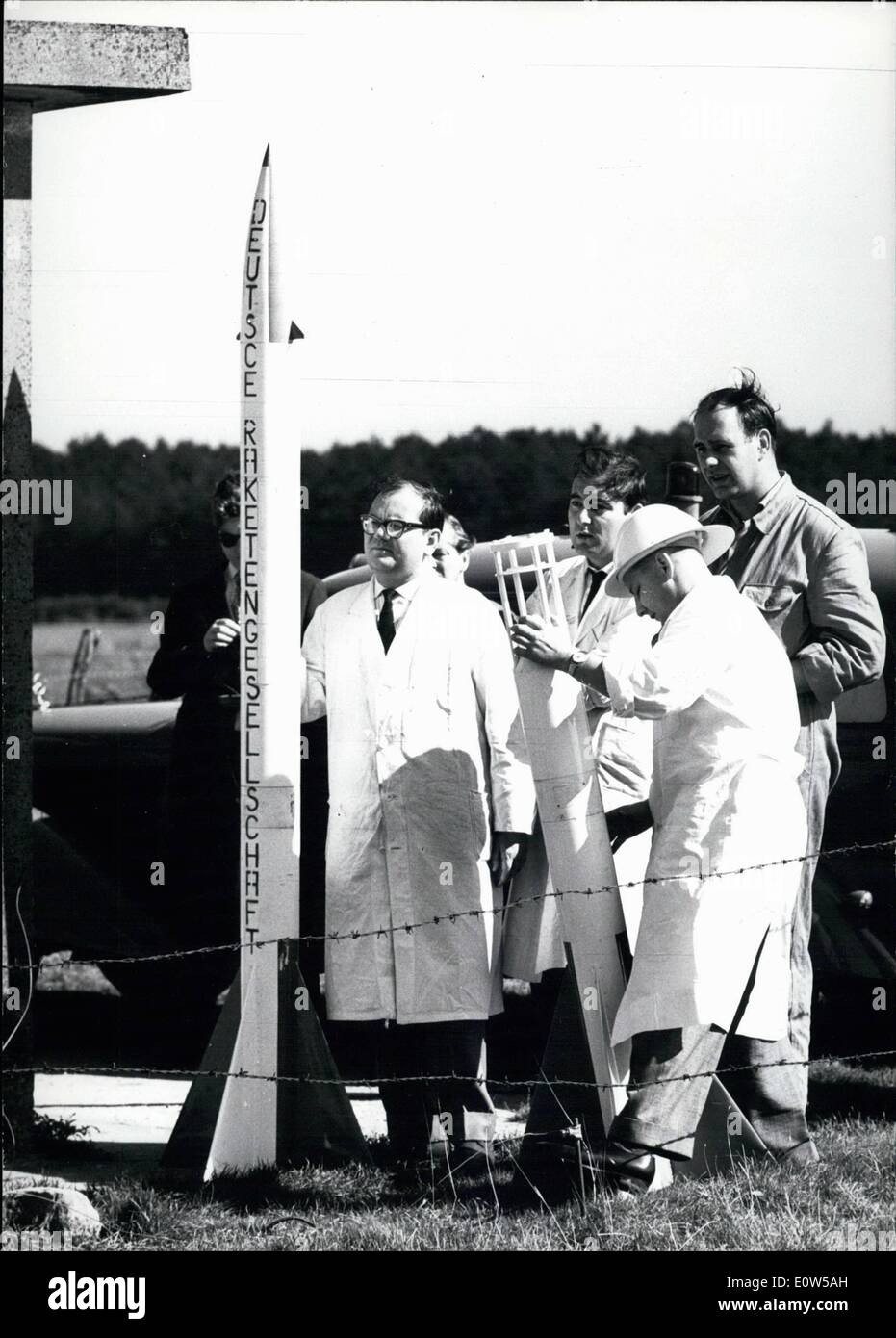 Sep. 09, 1961 - First German after-war rocket reaching the middle-sphere'' The German Rocket society started on Sept. 16th. on it's research ground near Curhaven for the first time a two stages rocket, of a 4,60 metres length, named ''Cirrus'' (Cirrus), with a diameter of 12.5 centimetres. The rocket carrying most up to date devices reached an altitudes of about 50 000 meters and serves first of all for meteorological research purposes Stock Photo