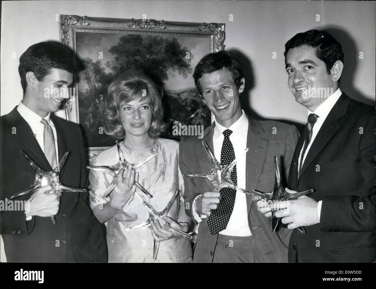 Jul. 05, 1961 - Georges Auric, President of the Cinema Academy, gave out the crystal stars in a Parisian restaurant to stars and directors. Perkins won for his role in ''Psycho''. Vitti won for her role in ''Adventurer''. Belmondo won for his role in ''Breathless''. Demy won for his movie ''Lola' Stock Photo