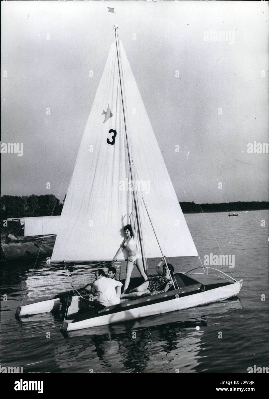 Sep. 09, 1961 - Autumn Fair in Leipzig 1961: From Sept 2nd till 9th, 1961, the Autumn Fair is held in Leipzig/East Germany. Photo shows a folding catamaran ''Scalare 250'' with a sail of 12, 8 square metres. This is the first folding catamaren of the world on which four people may sleep like in a tent. It may easily be transportet in 4 bags. Length: 5 metres, breadth 2,50 metres. It weighs about 80 kg. Stock Photo