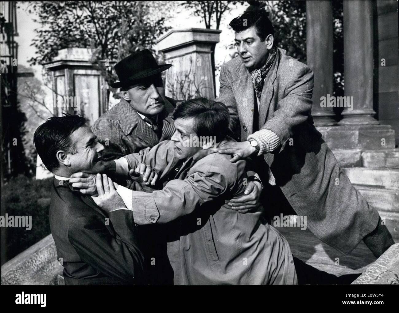 Jul. 07, 1961 - The Londoners took in their breath... When this scene of the Edgar Wallace film ''The Daffodil Mystery'' was turned with German actors in London. Barkeeper Peter Keene (Klaus Kinski) puts up a fierce resistance against his arrest. Photo Shows (left to right): Jeachim Fuchsberger (Fuchsberger), Walter Gotell (Gotell), Kalus Kinski (Kinski) and Martin Lyder (Lyder) Stock Photo