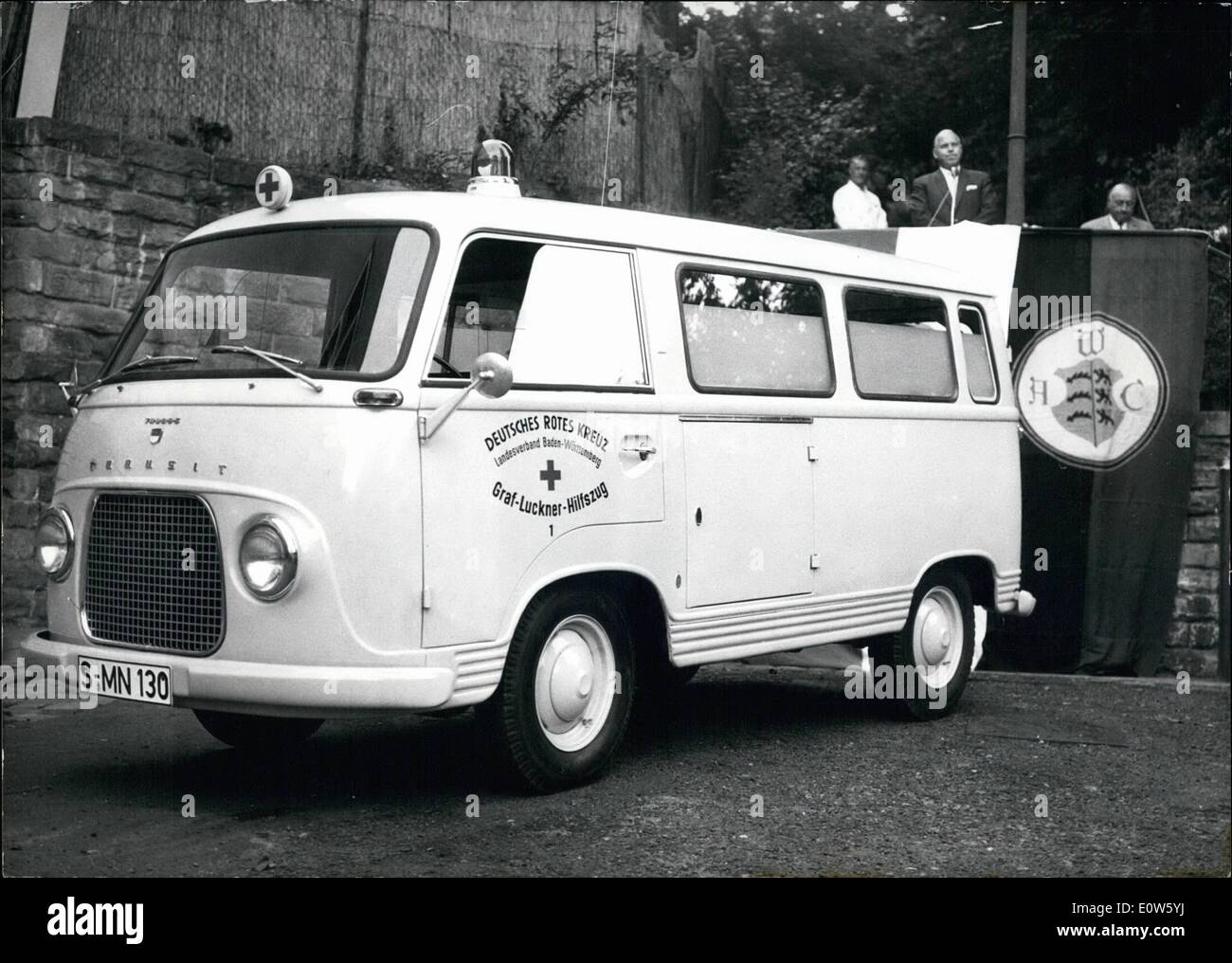 Jul. 07, 1961 - First car of ''Graf Luckner First aid Squad' in service; ''Car number one ready for service, was reported by the Lord mayor of Stuttgart, Dr. Klett by wireless to the directory of the Red Cross in Stuttgart. The first car financed with donations, of the Graf Luckner Firs Aid Squad was handed over to Dr. Klett as he is the president of the German Red Cross of the county Eaen Wurttemberg. The modernly equipped car is especially to be used at accidents on roads and highways. Photo Shows: the first car of the Graf Luckner first Aid Squad, on right Lord Mayor Dr Stock Photo