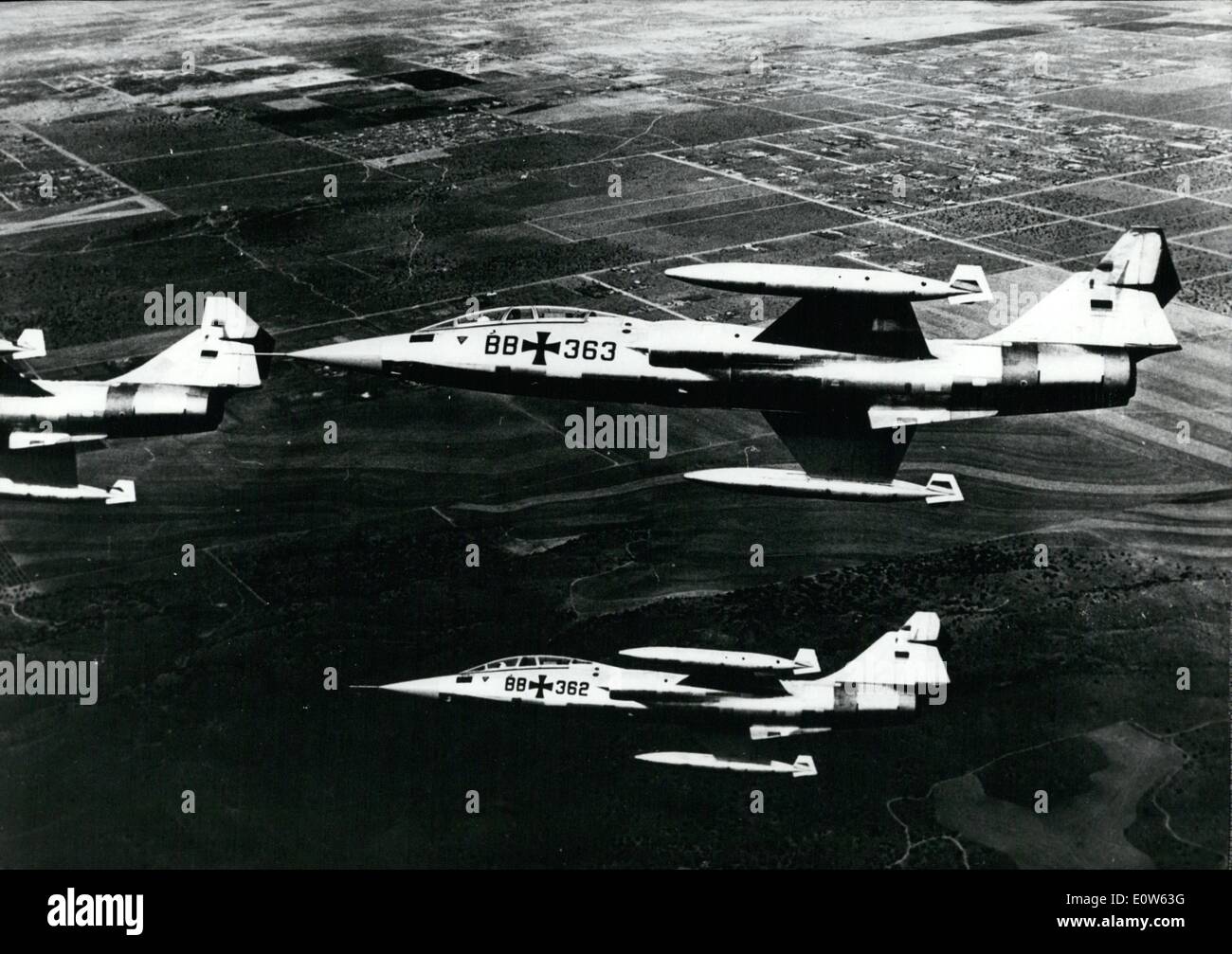 Sep. 09, 1961 - 5th anniversary of ''New German Air Force'' The German Air Force (Luftwaffe) hold on Sept. 24th an air show on the airfiele Furstenfeldbruck near Munich. The show will be opened by German and foreign artistic air squads. Our picture shows German starfighters F 104 which will take part in the air show. Stock Photo