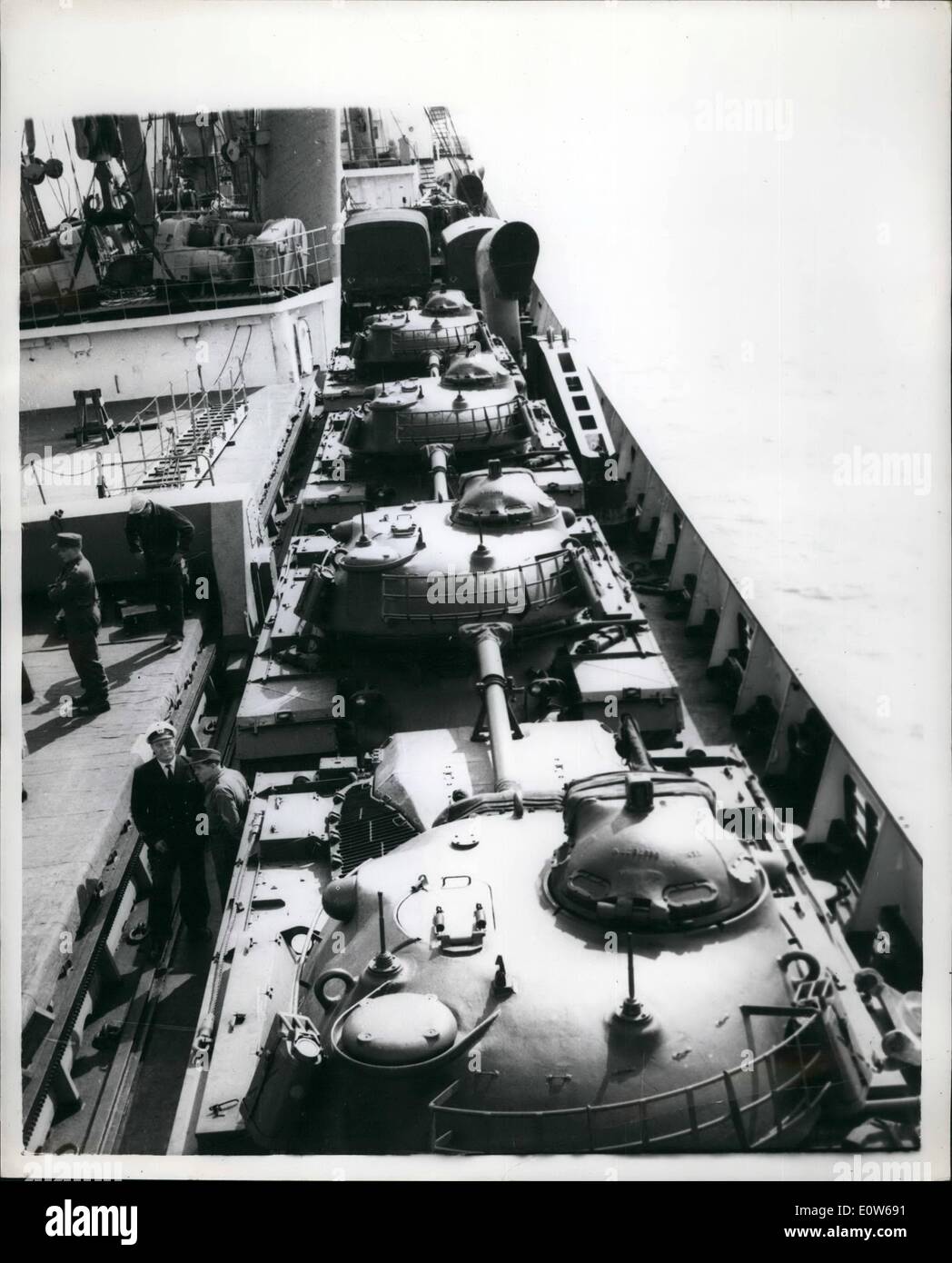 Aug. 08, 1961 - American Tanks Arrive For German Troops Training In Castlemartin In England: Tanks destined for the German Panzer troops who will be training at Castlemartin, Wales, arrived aboard the German steamer Trautenfel, now anchored off Milford Haven. Photo shows A general view of the American-made ranks aboard the Trautenfel. Stock Photo
