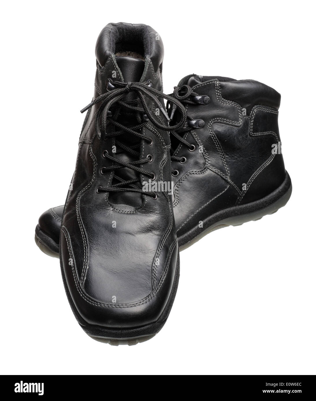 Men's black leather shoes with laces, isolated on a white background. Stock Photo