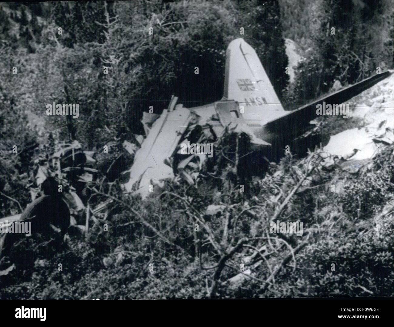 Oct. 10, 1961 - 34 die as holiday plane hits Pyrenees peak: 3T passengers and 3 members of the crew were killed when a Dakota on a charter flight from Gatwick crashed in tee Pryness yesterday. All the passengers were on their way to holidays on the Costa brava. Photo Shows The wreckage of the plane. Only tail remained practically intact. Stock Photo