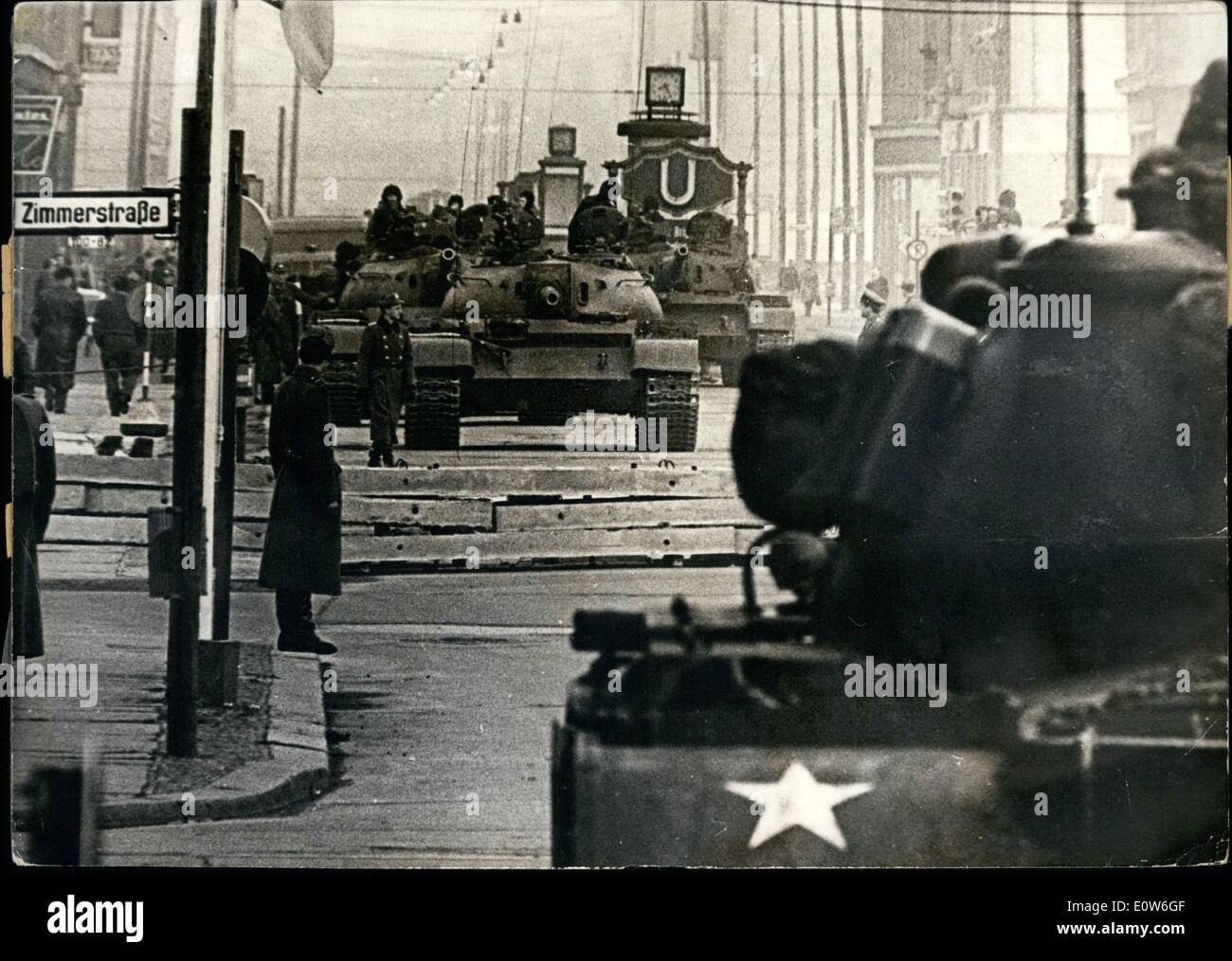Oct. 10, 1961 - Soviet and American tanks via a vis in Friedrichstrasse: In this weekend at the Sector border cross Friedrichstrasse in Berlin Soviet and American tanks were gone in position on right wide for demonstrating their power. The Soviet ''(Illegible)'' position at 10 hours 40, the American ''(Illegible)'' the border cross. Photo shows In background the Soviet tanks of the tp T 54, in foreground American tank of the typ Patton. Stock Photo