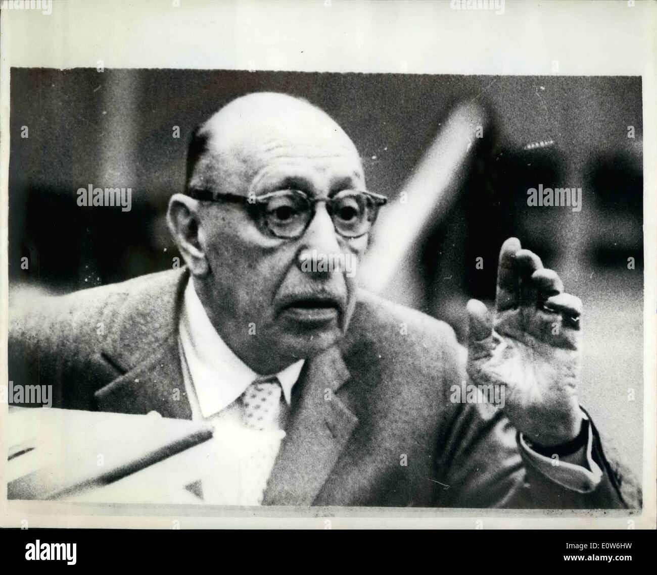 Oct. 10, 1961 - The Man with an Ear for Music - Igor Stravinsky Rehearses the B.B.C. Symphony Orchestra. The world's greatest living composer, 79-year-old Igor Stravinsky, the man who in 50 years has heard his music dismissed and condemned, accepted and acclaimed, was busy yesterday listening critically to a rehearsal by the B.B.C. Symphony Orchestra. The Festival Hall will be packed with celebrities for the Master's concert on Sunday. Photo Shows The wise, wrinkled face of the master - Igor Stravinsky listens to the B.B.C. Symphony Orchestra during the rehearsal yesterday. Stock Photo