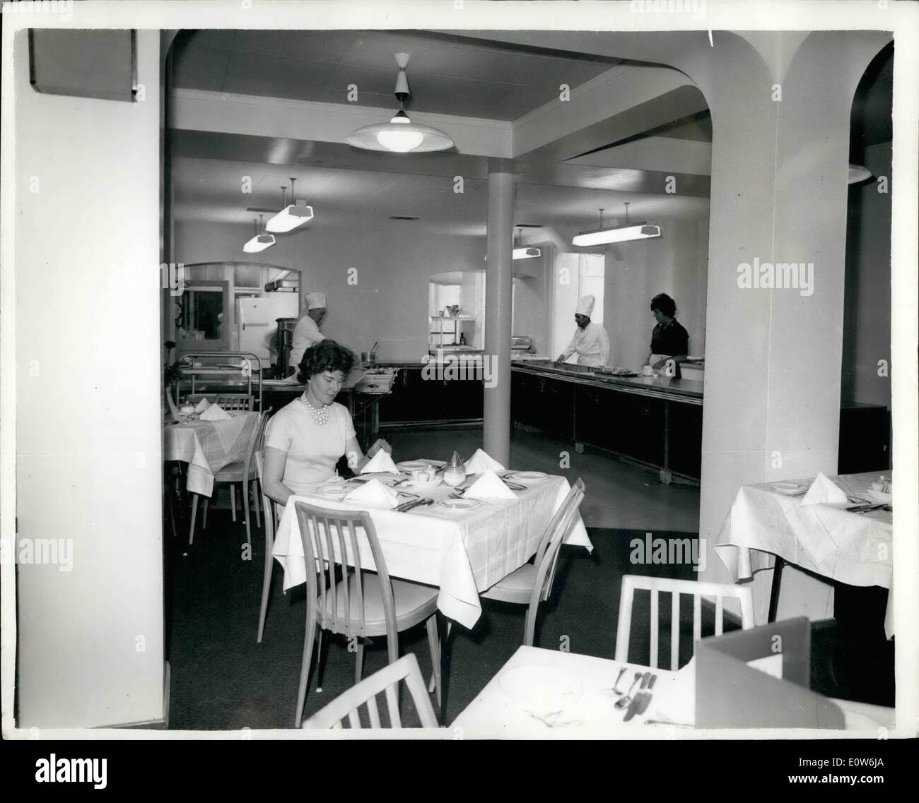 Oct. 10, 1961 - Former Doss-House re-opened as London's newest hotel: The new Mount Pleasant Hotel, a former doss-house re-modelled at a cost of more than &pound;235,000, was re-opened this morning in London. Photo shows Kitchen and the breakfast self-service counter. Stock Photo