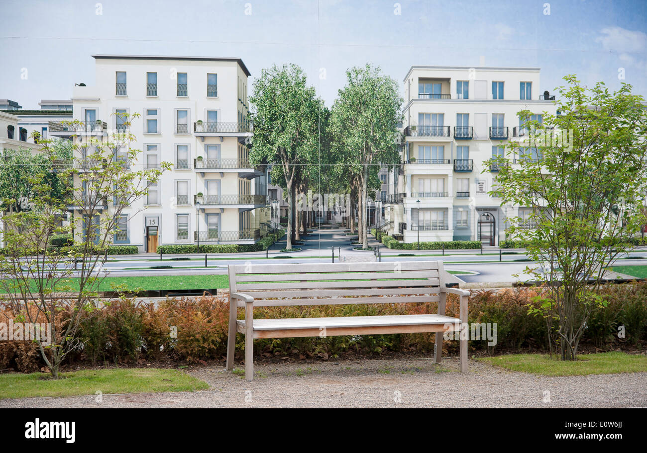 Wooden Park Bench Outdoors In Front Of A Two Dimensional Stock