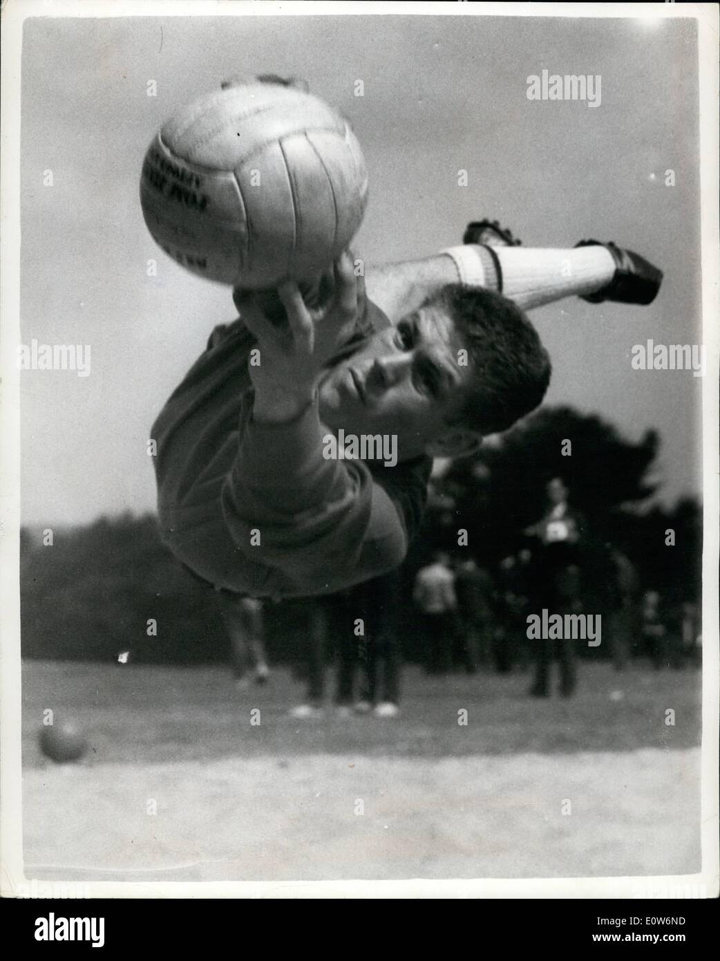 Aug. 08, 1961 - West Ham players in training : members of the West Ham Football Club were to be seen in training for the new season at Grange Farm, Chigwell, today. photo shows Lawrie Leslie, the new Scot goalkeeper, in action this morning at the training session. Stock Photo
