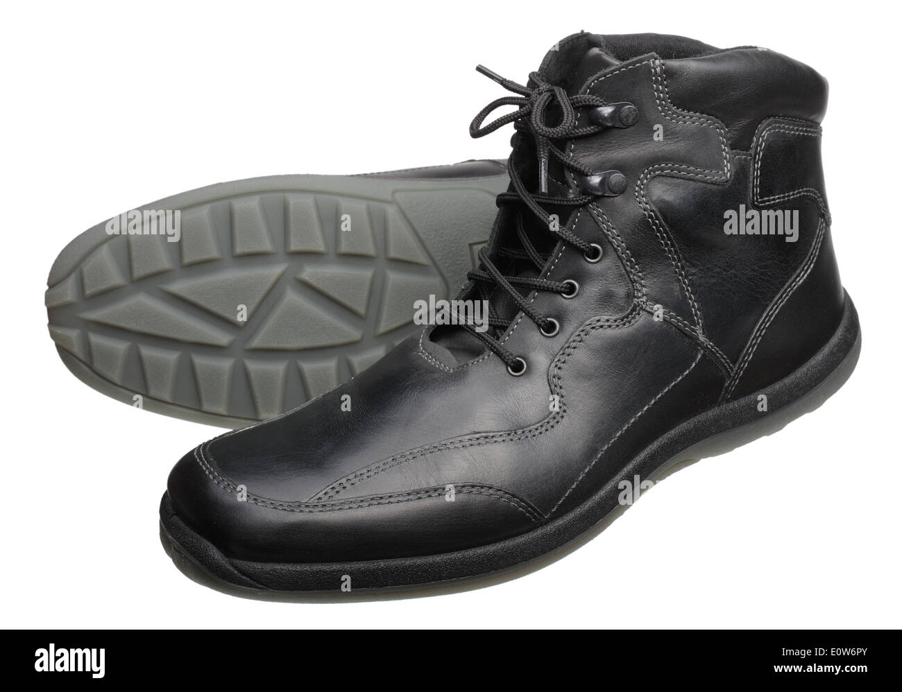 Men's black leather shoes with laces, isolated on a white background. Stock Photo