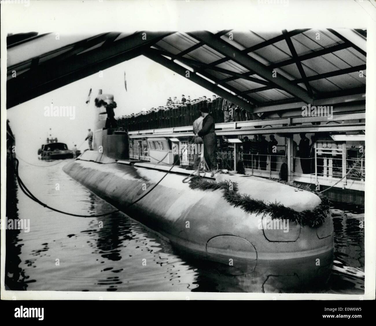 Oct. 10, 1961 - ''U Boat'' No. 1 is launched, first Postwar Submarine for West German Navy; The First U Boat of the German Postwar fleet was launched during the week end at Kiel - famous as the center of wartime underwater craft. U Boat no. 1 is said to be extremely fast but the actual speed is secret and she is able to stay under the water indefinitely. She weighs 350 tons is more than 120 ft. long and has eight torpedo tubes. This craft is the first of 12 on order and its launching is said to be the re-birth of West Germany as a Naval Power Stock Photo