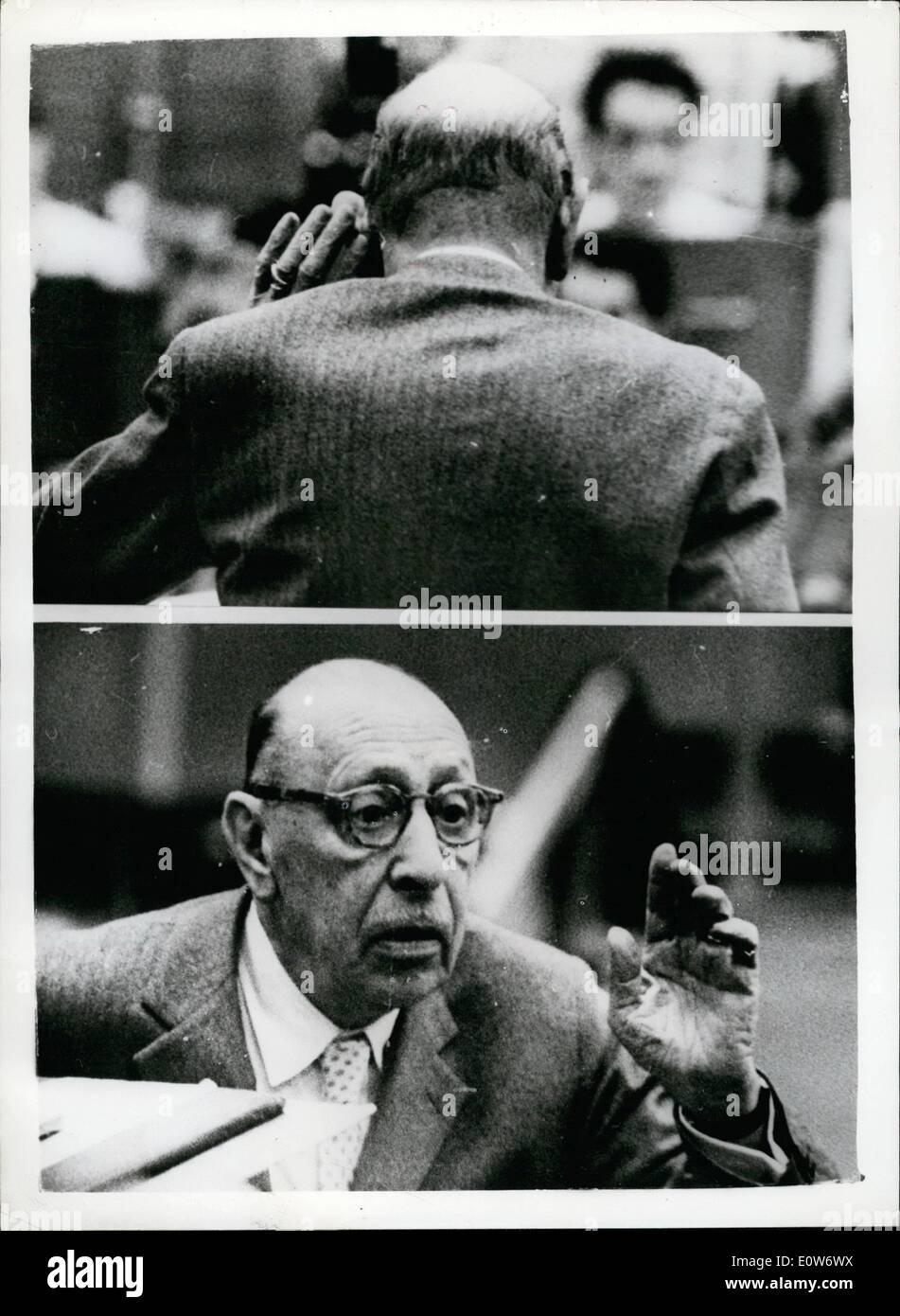 Oct. 10, 1961 - The man with an ear for music - Igor Stravinsky rehearses the b.b.c symphony orchestra : The world's greatest living composer, 79-year-old Igor Stravinsky, the man who in 50 years has heard his music dismissed and condemned, accepted and acclaimed, was busy yesterday listening critically to a rehearsal by the b.b.c. symphony orchestra. The festival hall will be packed with celebrities fro the master's concert on Sunday. photo shows Two studies of Igor Stravinsky as (top) he cups his hand to his car-and below listens to the b.b.c Stock Photo