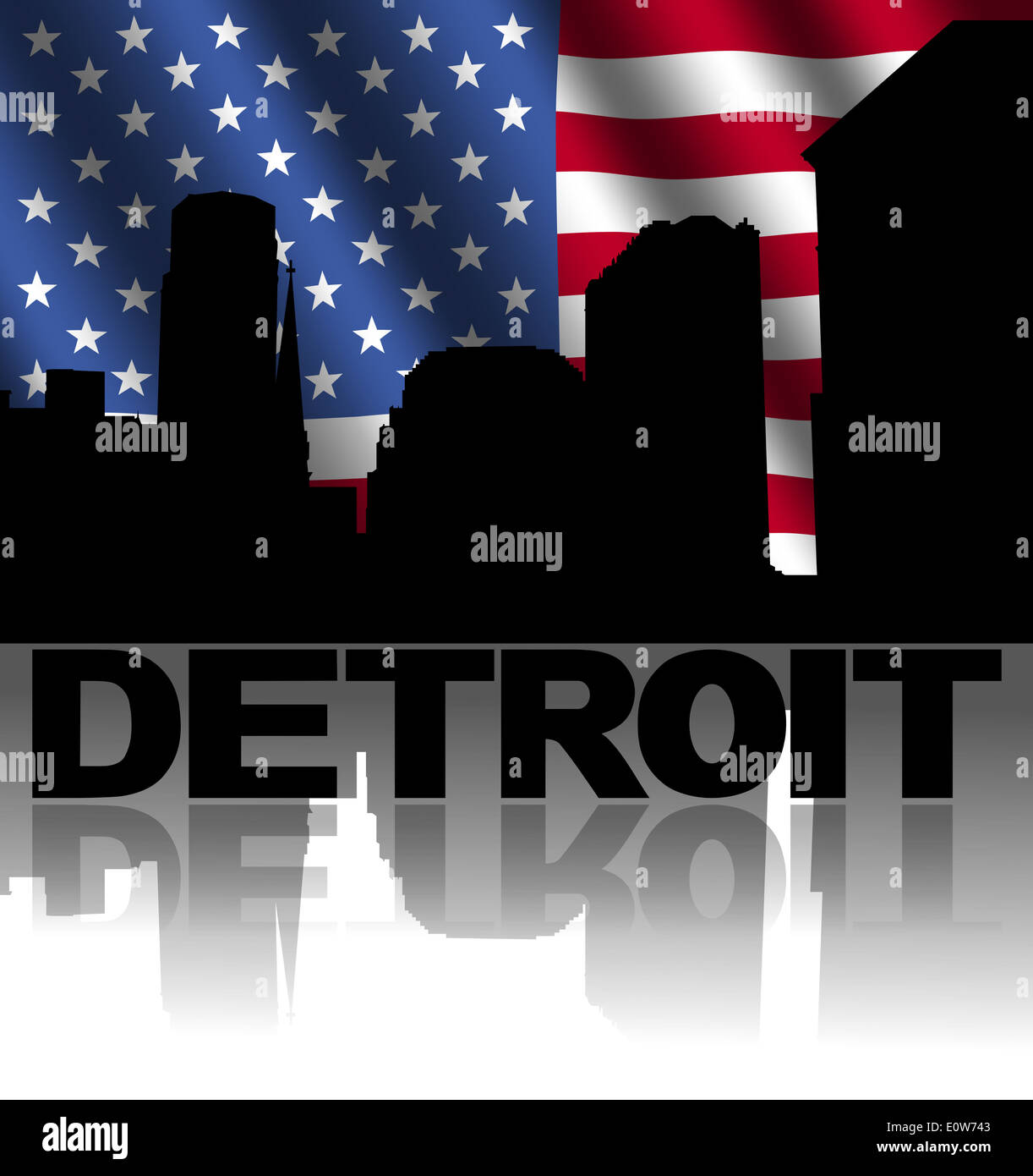 Detroit skyline and text reflected with rippled American flag ...