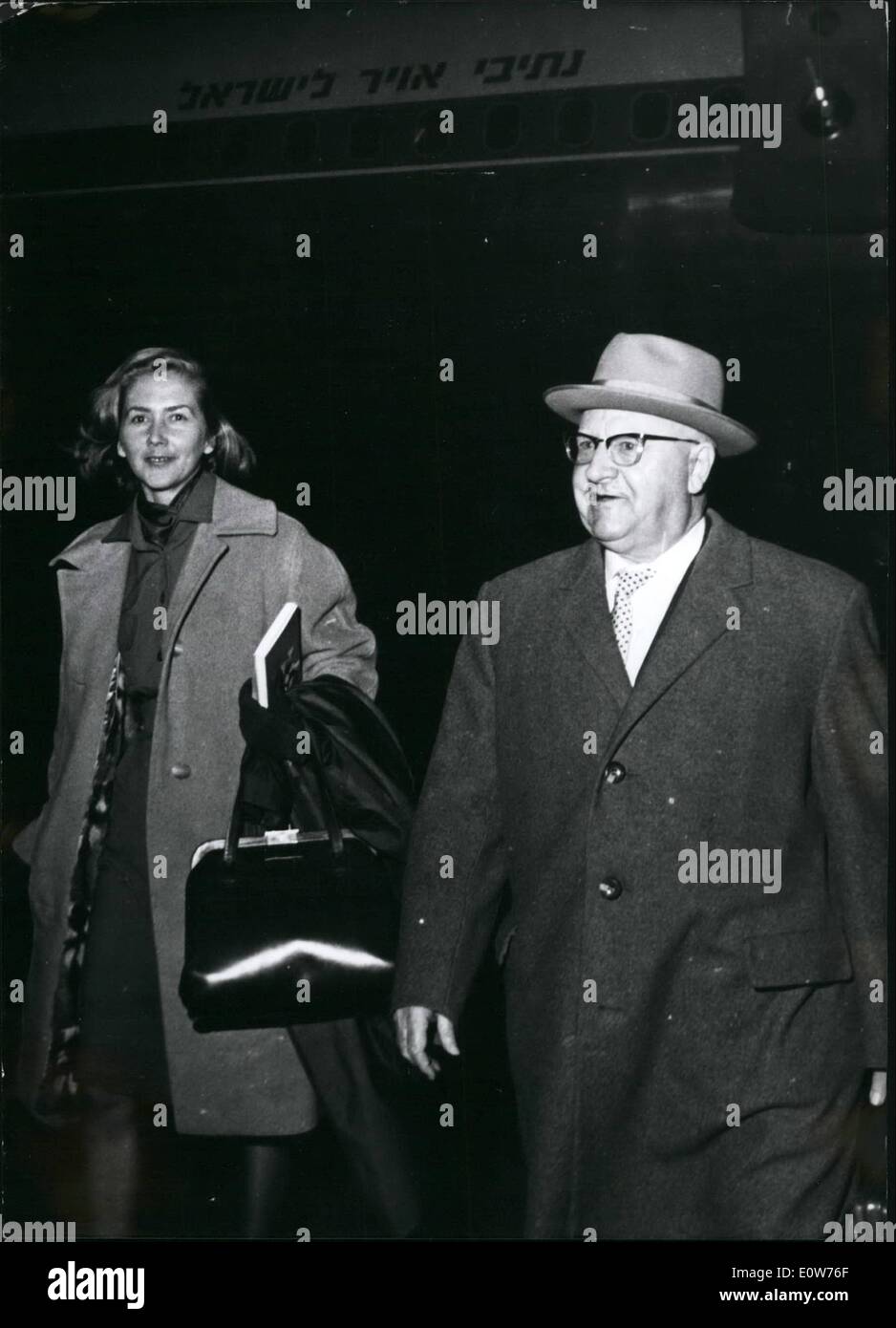 Dec. 12, 1961 - Eichmann-counsel back in Israel: Attorney Dr. Robert Servatius and his secretary Lise Grdae returned to Tel aviv to start proceedings concerning the last part of the Eichmann-trial which begins in a few Days. Dr. Servatius will meet Attorney General Gideon Hausner and his client, SS-officer Eichmann who is accused of mass murder. Stock Photo