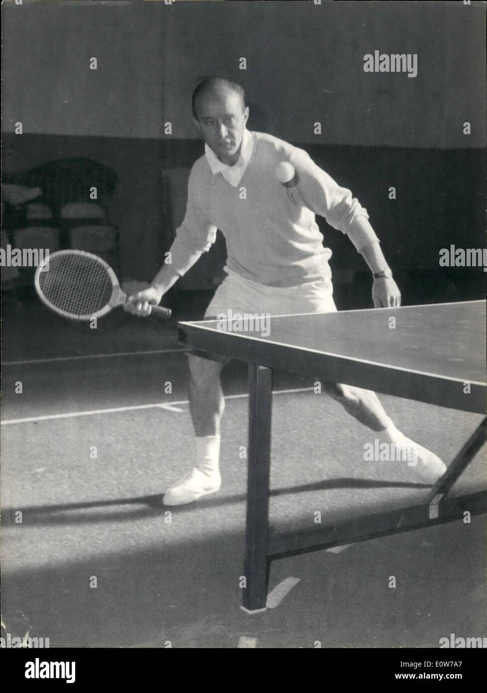 Oct. 10, 1961 - Famous tennis-man take to ''Paradise Tennis'' Paul Remy,  the famous French tennis champion, practiced ''Paradise tennis'' for the  first time in Paris to-day. the new game born in