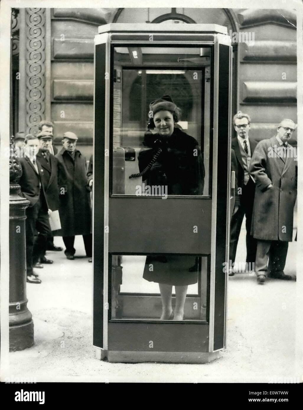 Jan. 01, 1962 - A NEW DEISIGN TELEPHONE KIOSK A new design of GPO telephone kiosk was shown in London at the Royal Exchange - this morning when it was inspeoted by Miss MERVYN PIKE, MP, Assistant Postmaster General. PHOTO SHOWS: Miss PIKE in the new deeign kiosk today. Stock Photo