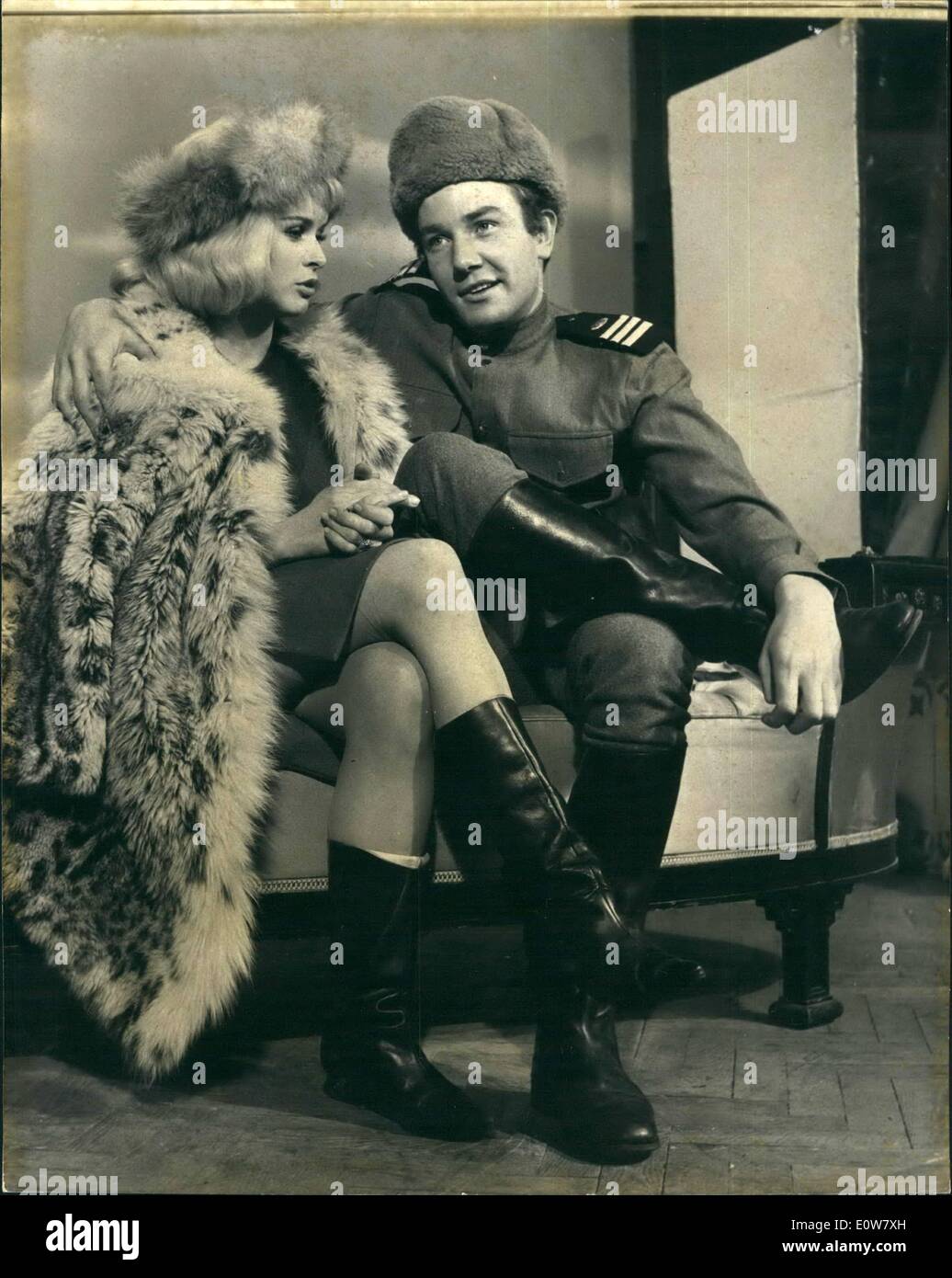 Jan. 01, 1962 - Albert Finney - Russian Soldier - In ''The Victors'' with German Co-star senta Berger. Screen star Albert Finney who made a great success in ''Saturday Night and Sunday Morning'' - ''Billy Lier'' - etc is taking on the role of a Russian soldier in the film ''The Victors'' a Shepperton. For the part Albert has to speak dialogue in Russian - for which he is having Russian lessons. he is to donate his salary for the part - to the Actors Orphanage. Photo Shows: Albert Finney - with Co-star Senta Berger - at Shepperton Studios this afternoon Senate Berger comes from Germany. Stock Photo