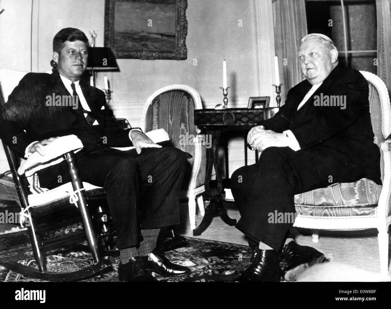 President Kennedy and Ludwig Erhard at White House Stock Photo